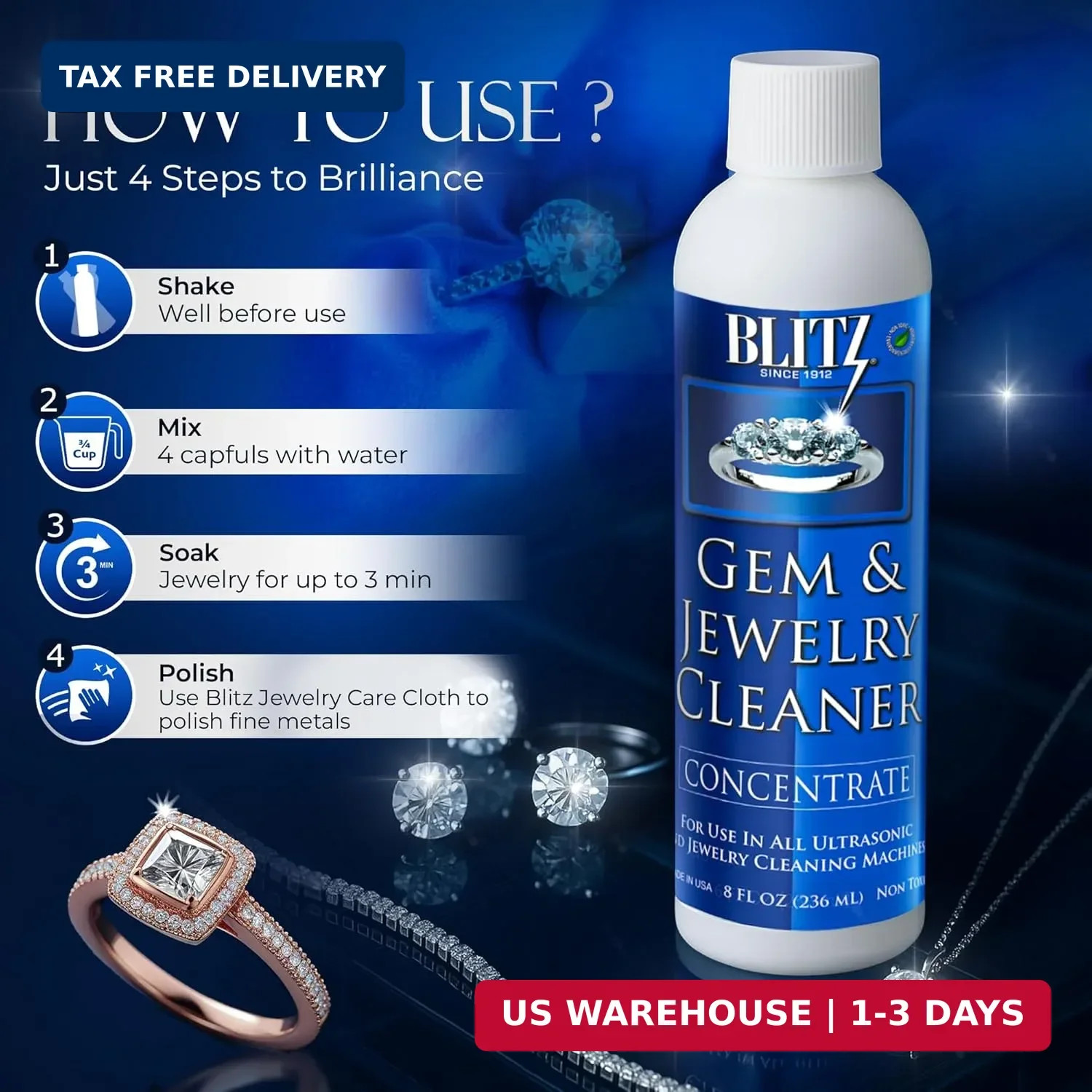 Blitz Gem & Jewelry Cleaner Liquid Concentrate for Gold, Silver, & Platinum Jewe