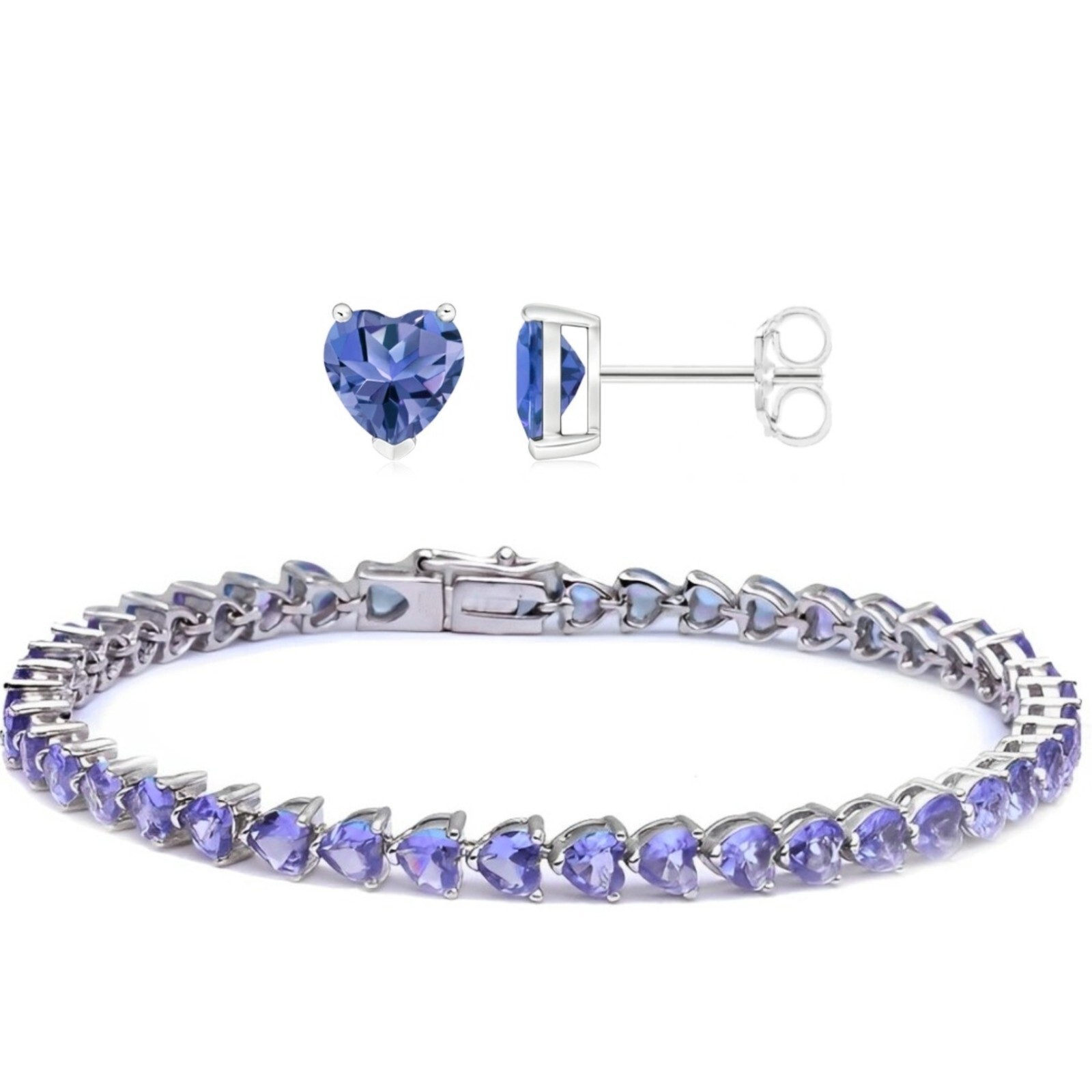 2PK Tanzanite Cubic Zirconia Heart CZ Tennis Bracelet And Studs Earrings