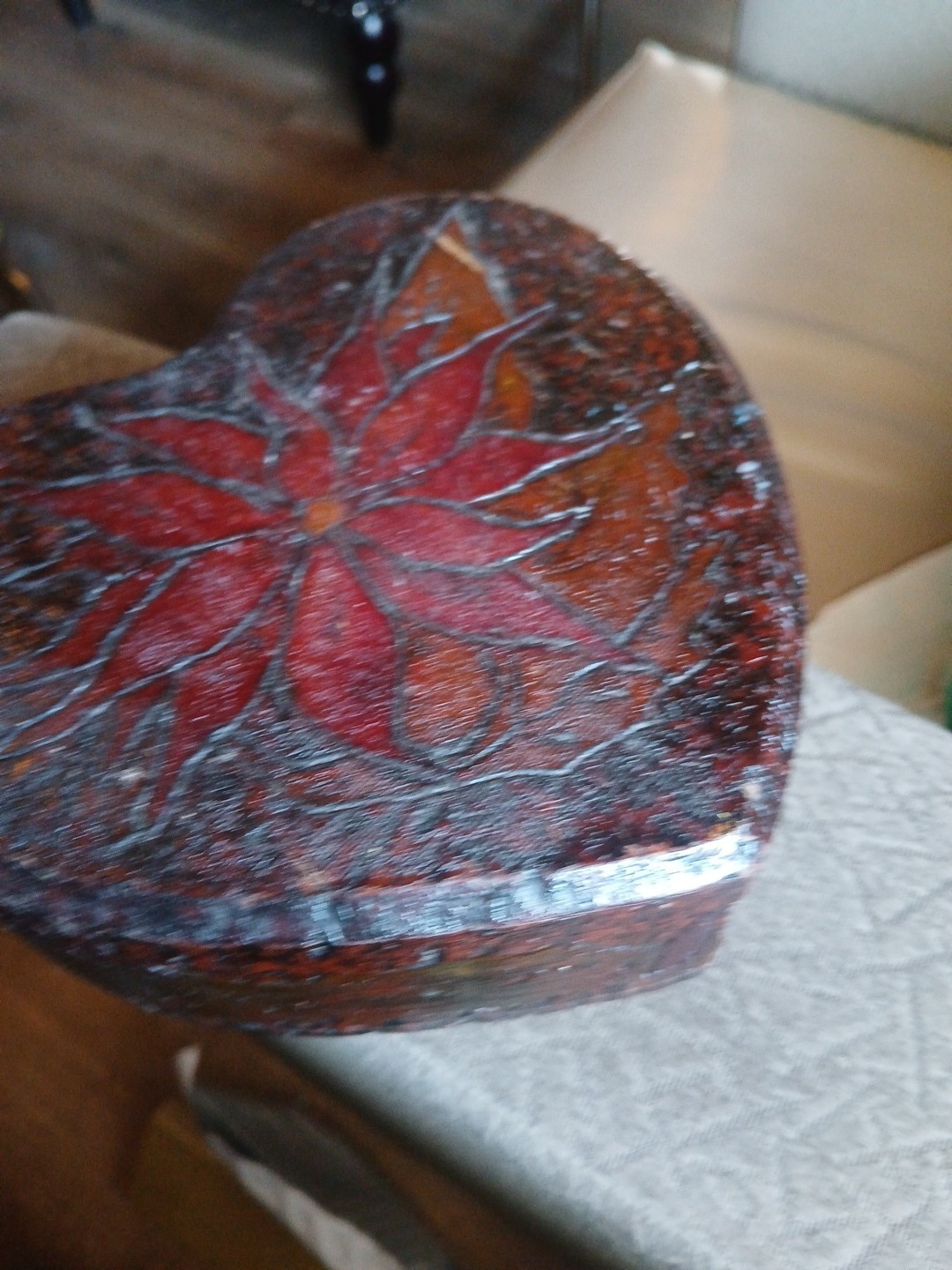 Antique Heart Shaped Wooden Keepsake Trinket Jewelry Box