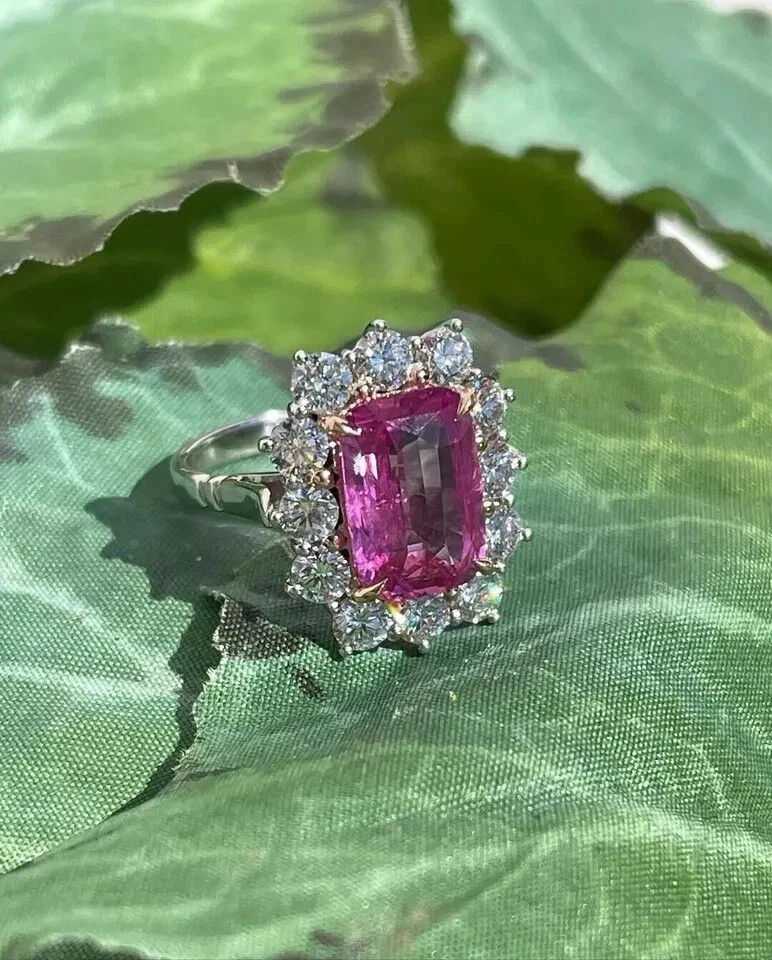 4Ct Cushion Cut Lab Created Pink Sapphire Wedding Ring In 14k White Gold Finish