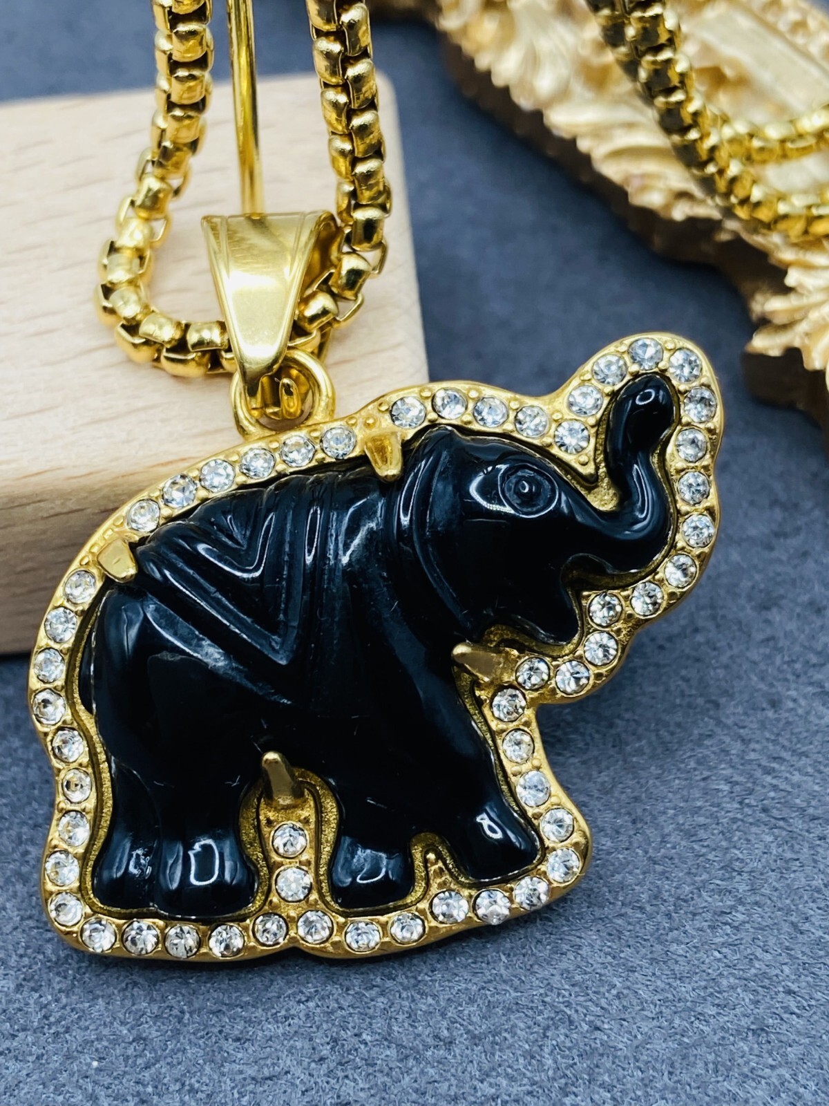 Elephant Pendant Necklace W/ 18K Gold Plated Crystal Charm Hip Hop Chain Jewelry