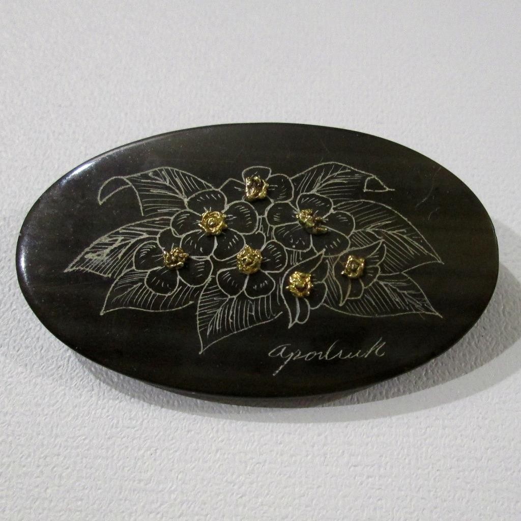 Vintage Faux Wood Acrylic Oval Brooch Floral Etched Pin Metal Studs Signed