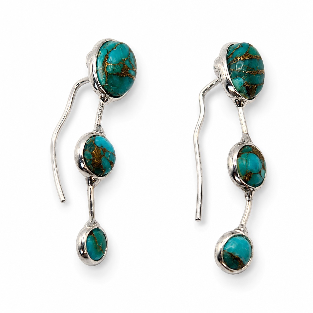Blue Copper Turquoise Ear Climber Earrings 925 Sterling Silver 2.38g