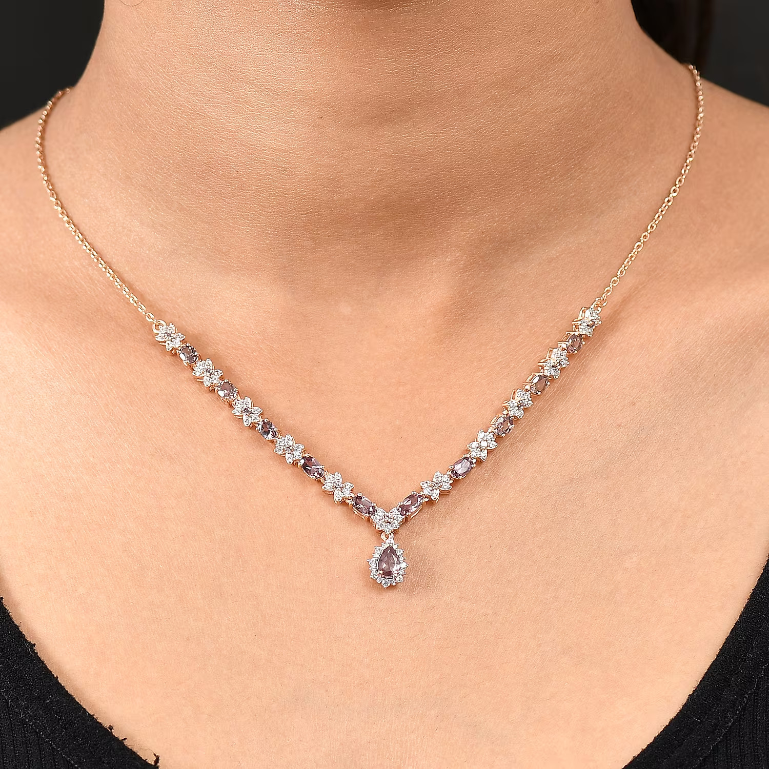 D’Joy Madagascar Color Change Garnet, White Zircon Floral Necklace (18 Inches)