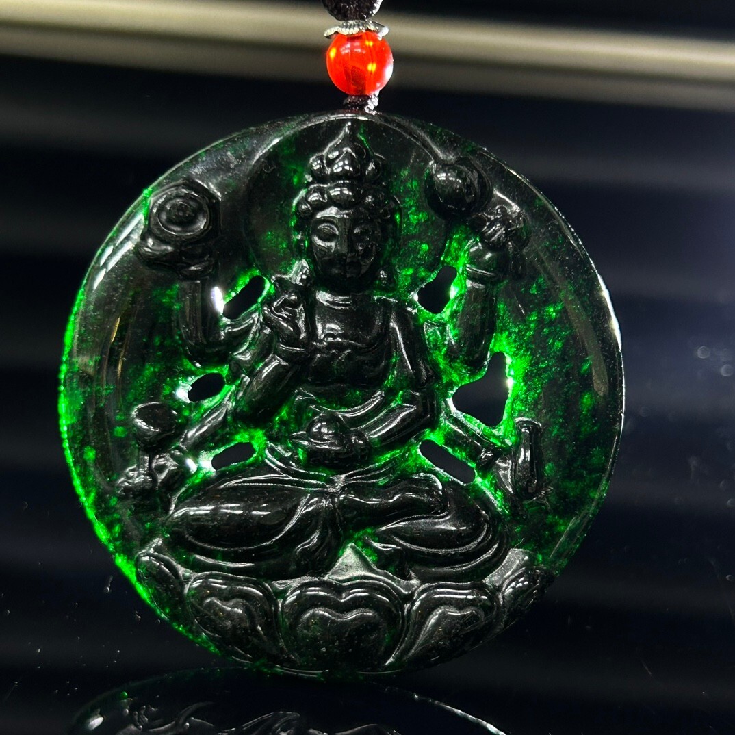Certified Natural atrovirens jade Jadeite Carved Guanyin Pendant&Necklaces 千手观音