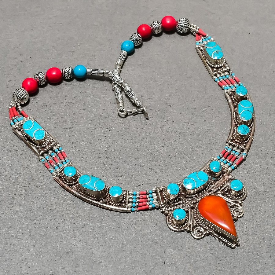 Yellow & Red Coral Turquoise Necklace Amazing Tibetan Nepali Jewelry 18″ NN 7262