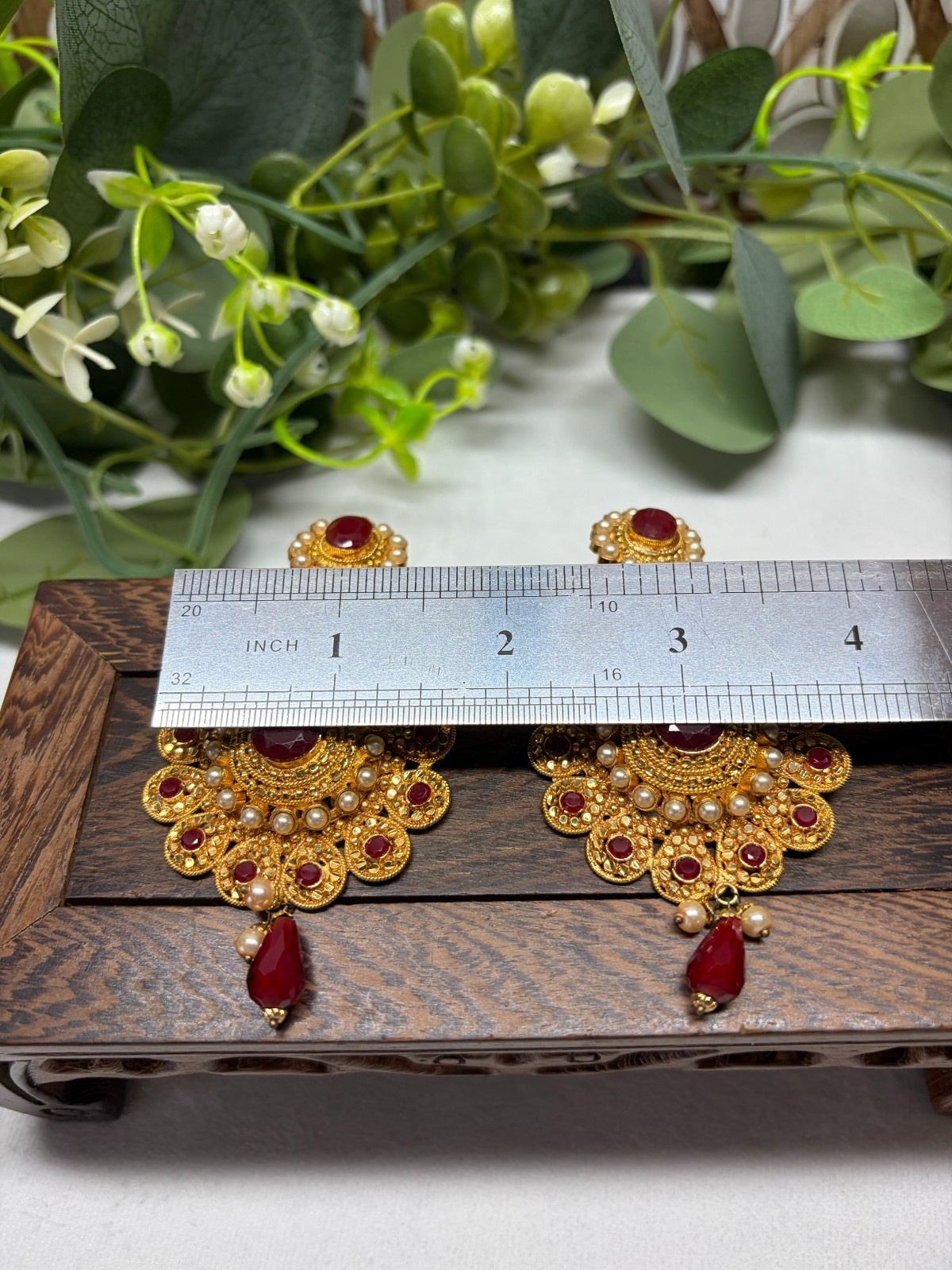 Heavy Ethnic Indian Style Gold & Red Tone Crystal Dangle Earrings – Occasion 40g