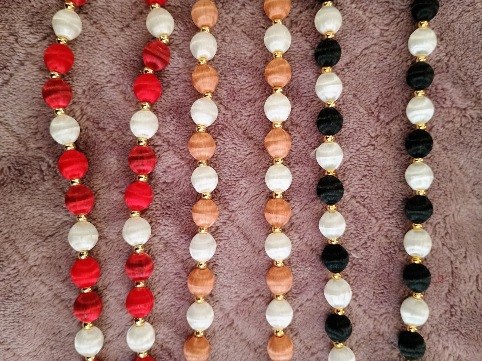 Vintage Lot of 3 Silk Satin Wrapped Beaded Necklaces Red Brown Black White