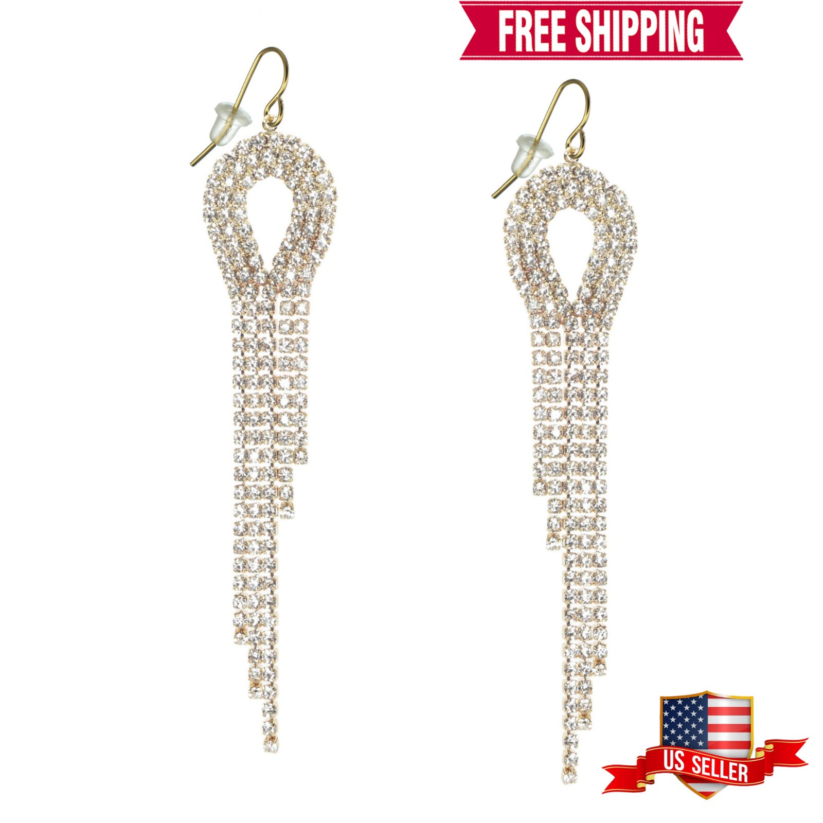 Long Sparkling Rhinestone Teardrop Gold Chandelier Earrings, 18K Gold Ear Wires