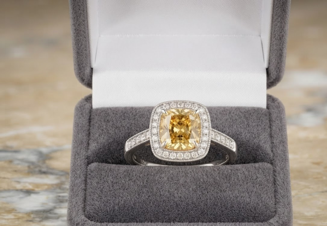 Natural Yellow Sapphire & Diamond 3.70 Ct Cushion Cut Solid 18K White Gold Ring