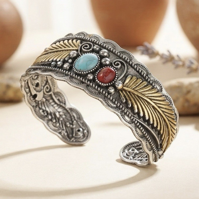Silver Gold Tone Turquoise Stone Feather Cuff Bracelet Adjustable Western
