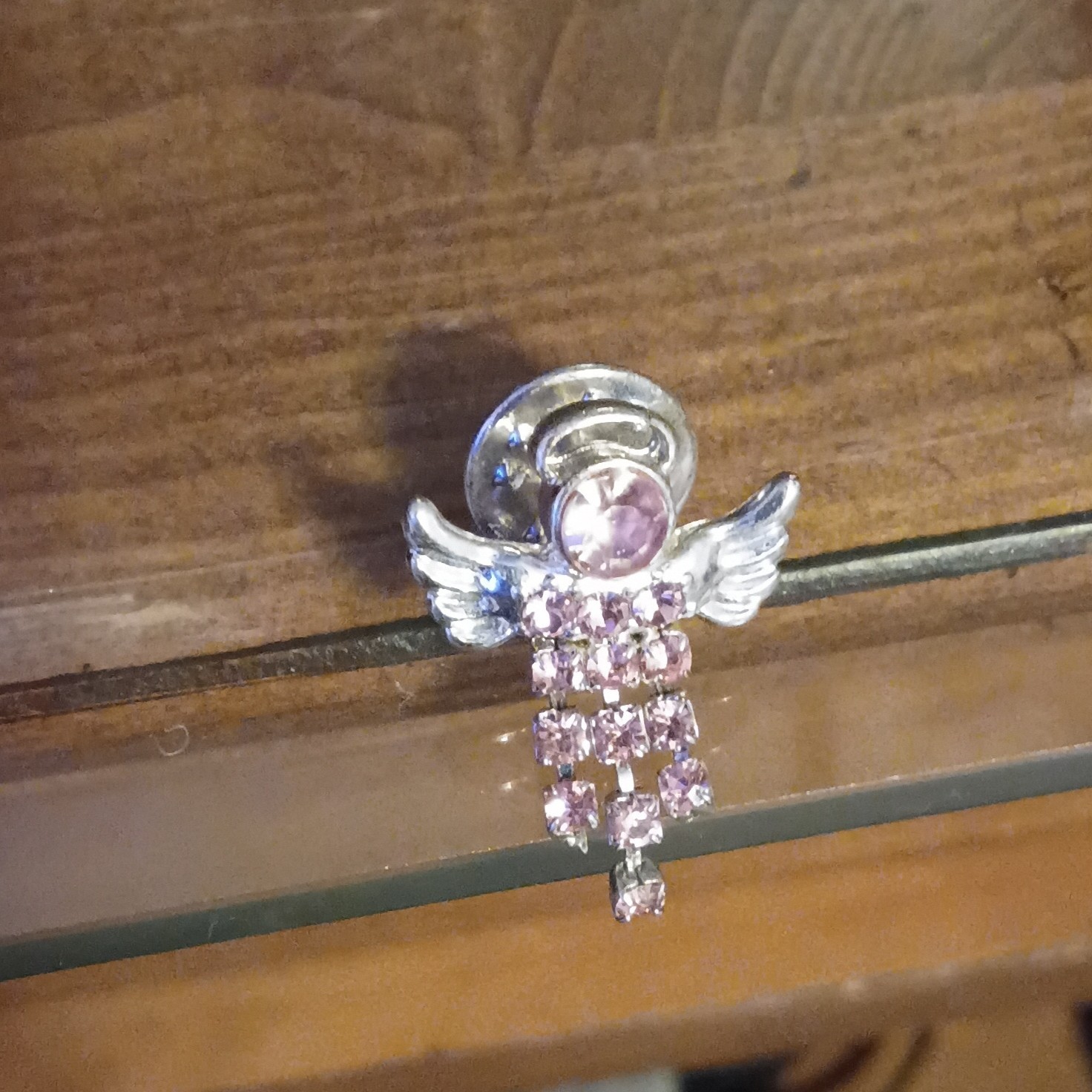 Silver Tone Pink Round Rhinestone Angel Pin Brooch Metal Costume Jewelry