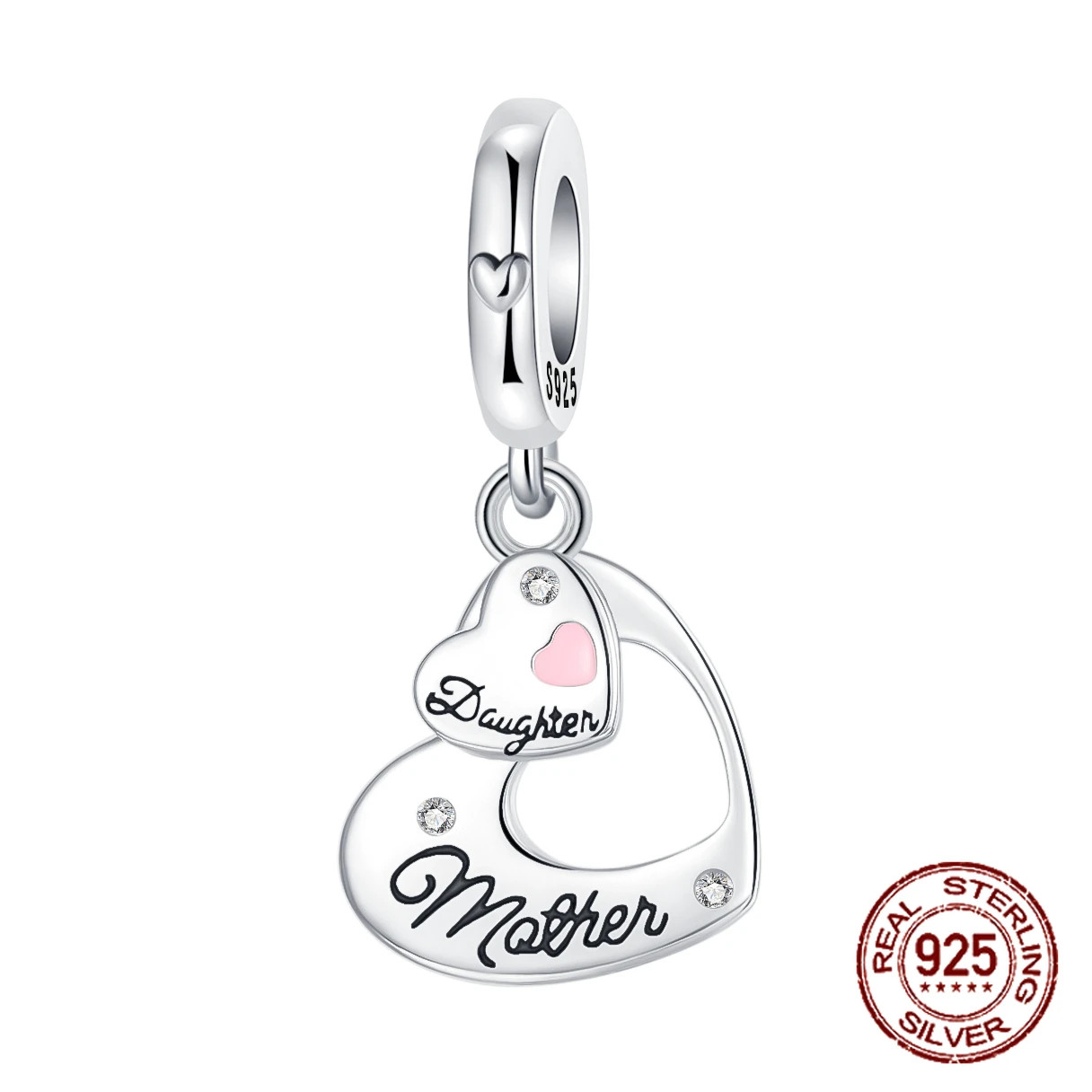 925 Sterling Silver Heart Shaped Daughter MOM Charm Beads Fit 4MM Hole Diameter