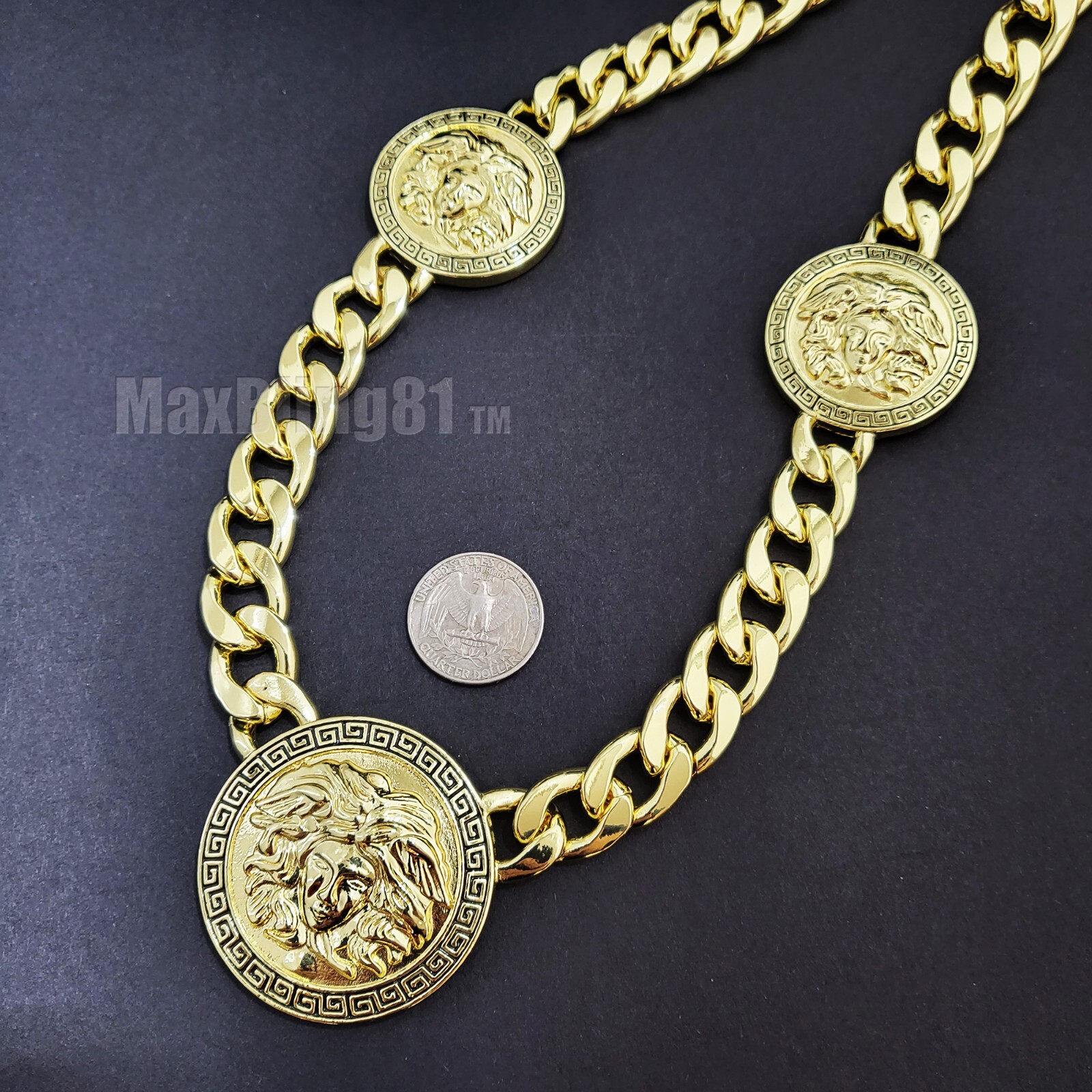Gold Plated Medusa Head 3 Medallion Cuban Link Chain Necklace & 10mm 30″ Chain