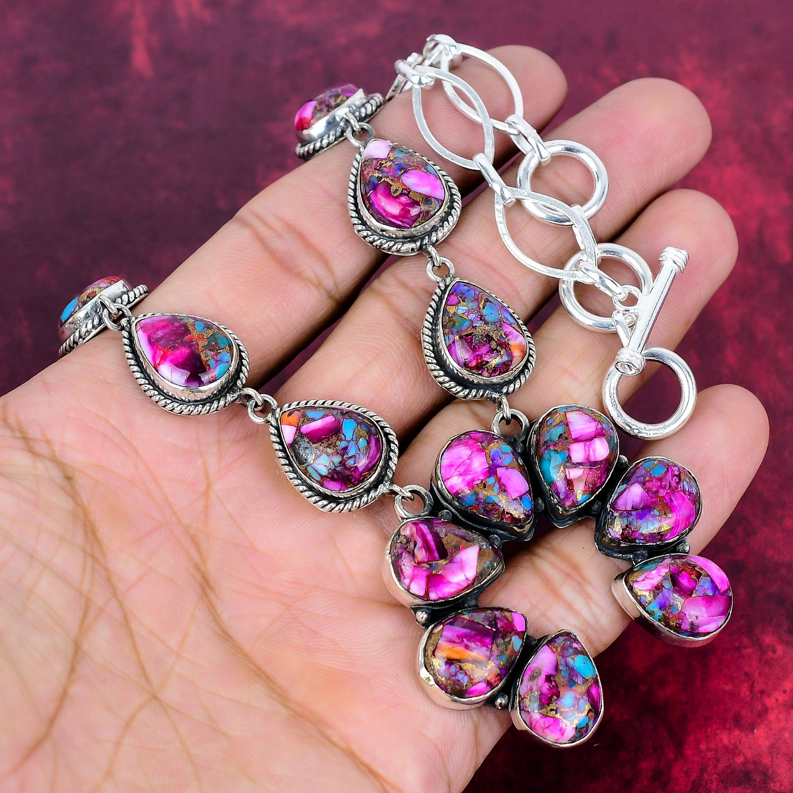 Pink Spiny Oyster Gemstone Handmade 925 Solid Silver Designer Necklace Jewelry