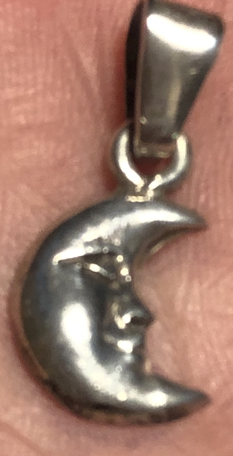 Sterling Silver 925 Crescent Moon Man-In-The Moon Pendant With Sterling Bail