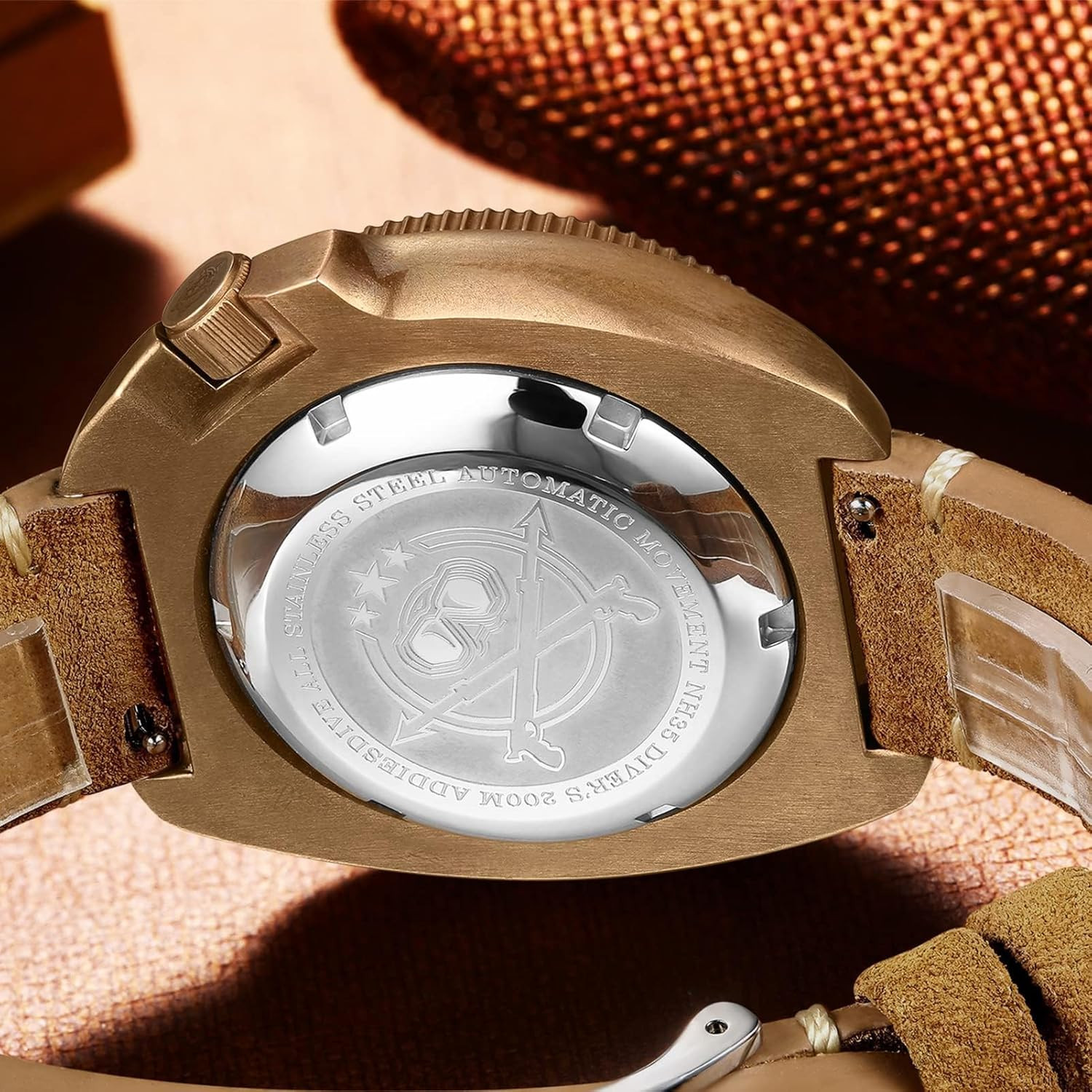 Men’s Vintage Bronze Dive Watch 200M Waterproof with Suede Leather Strap