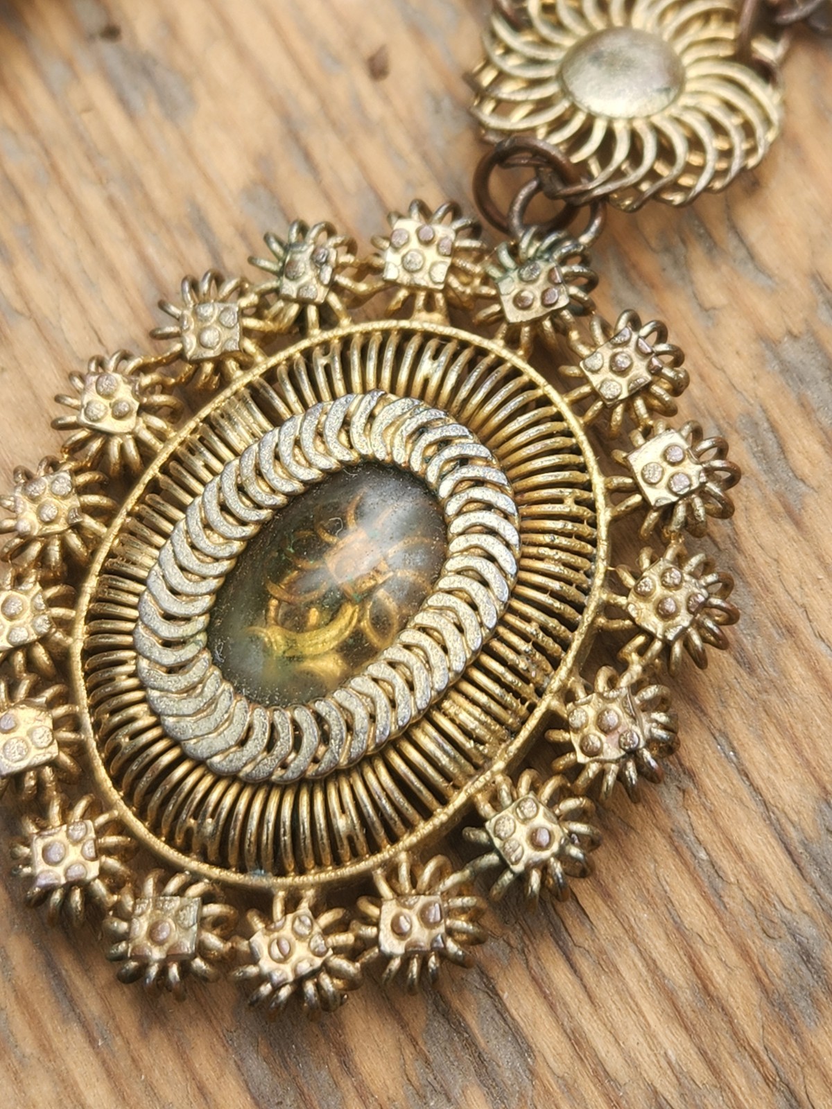 Antique Tambourine Reliquary Necklace Filigree Window Philippines Gold Gilt