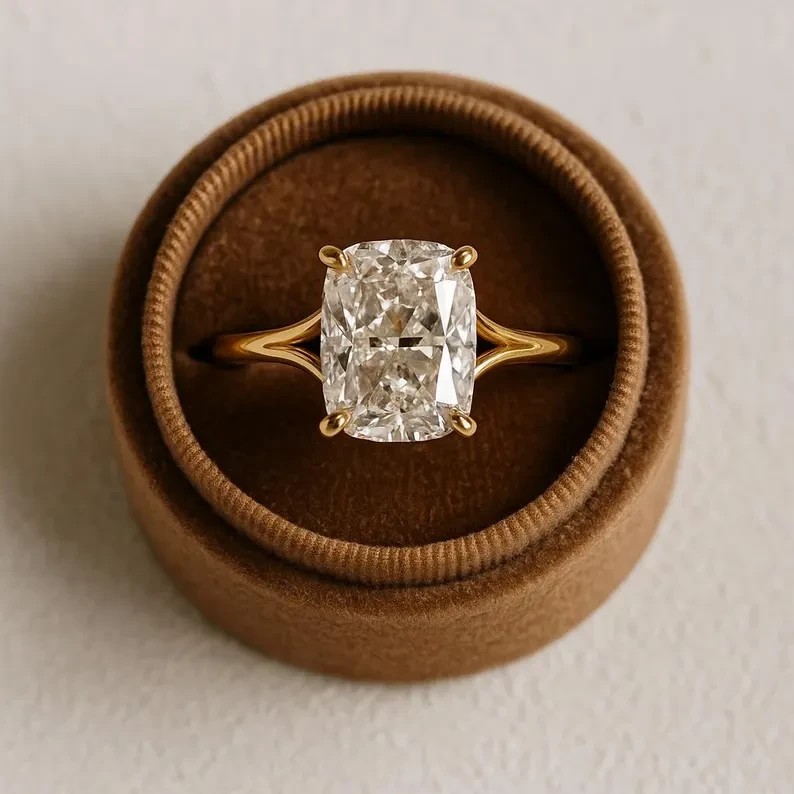 4CT Cushion Cut E/VS1 Lab Grown Diamond Split Shank Wedding Ring 14K Yellow Gold