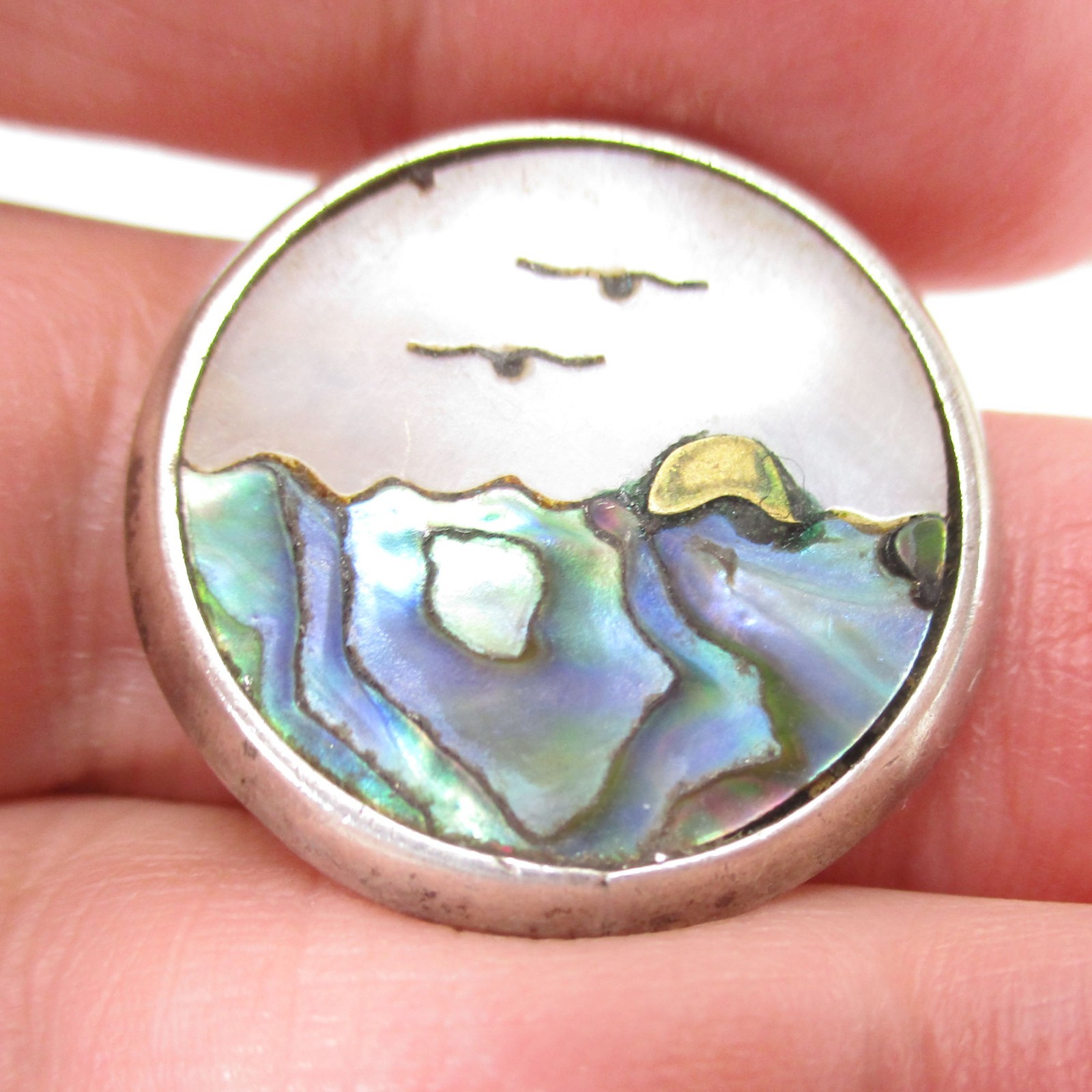 Gr 191 Taxco Capsi Inlaid Scenic Landscape Pendant Sterling Silver and Abalone