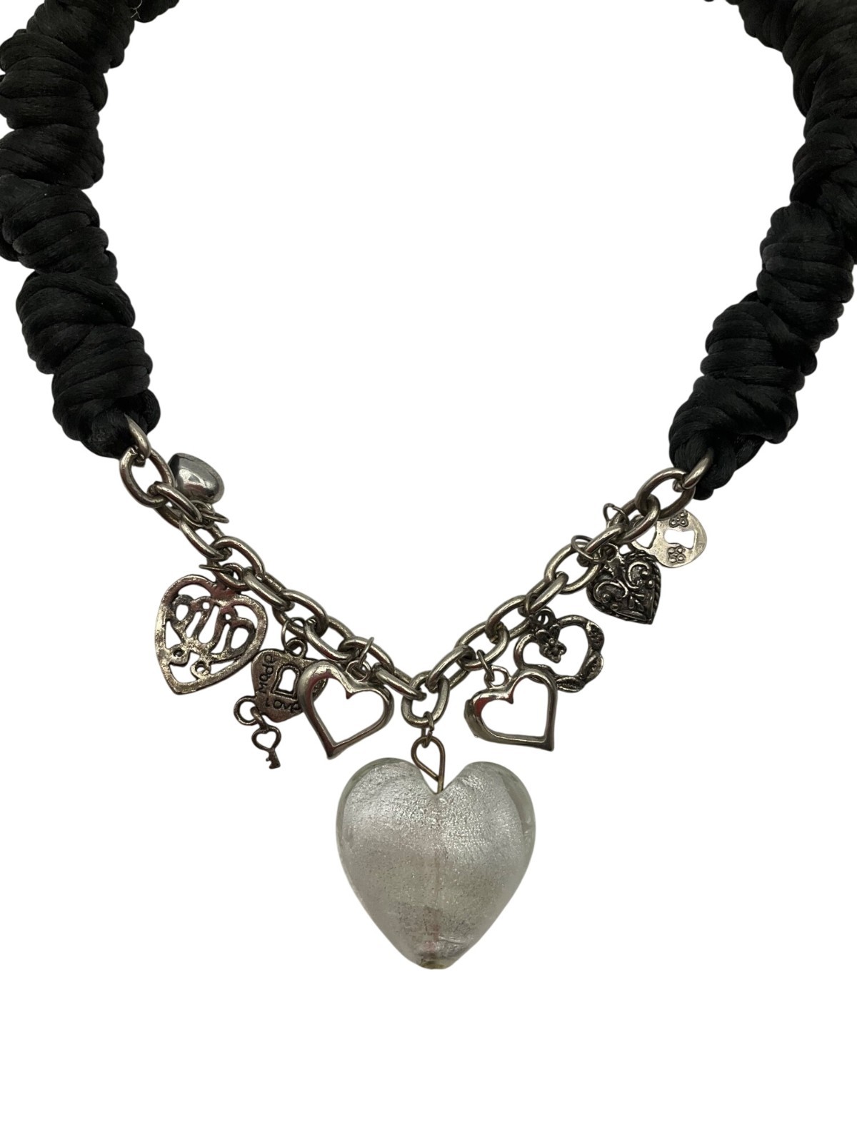 Y2K Artisan Handcrafted Chunky Heart Charms Glass Necklace Goth Whimsical