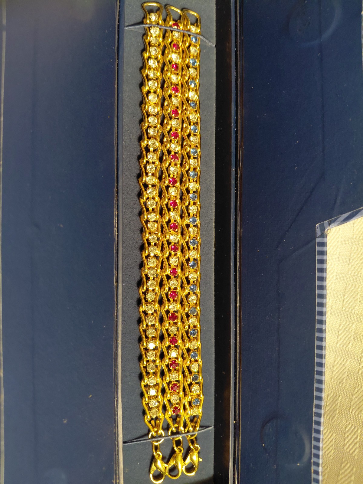 Lot of 3 Contemporary Goldtone Red, White/Clear & Blue Rhinestone 7.5″ Bracelets