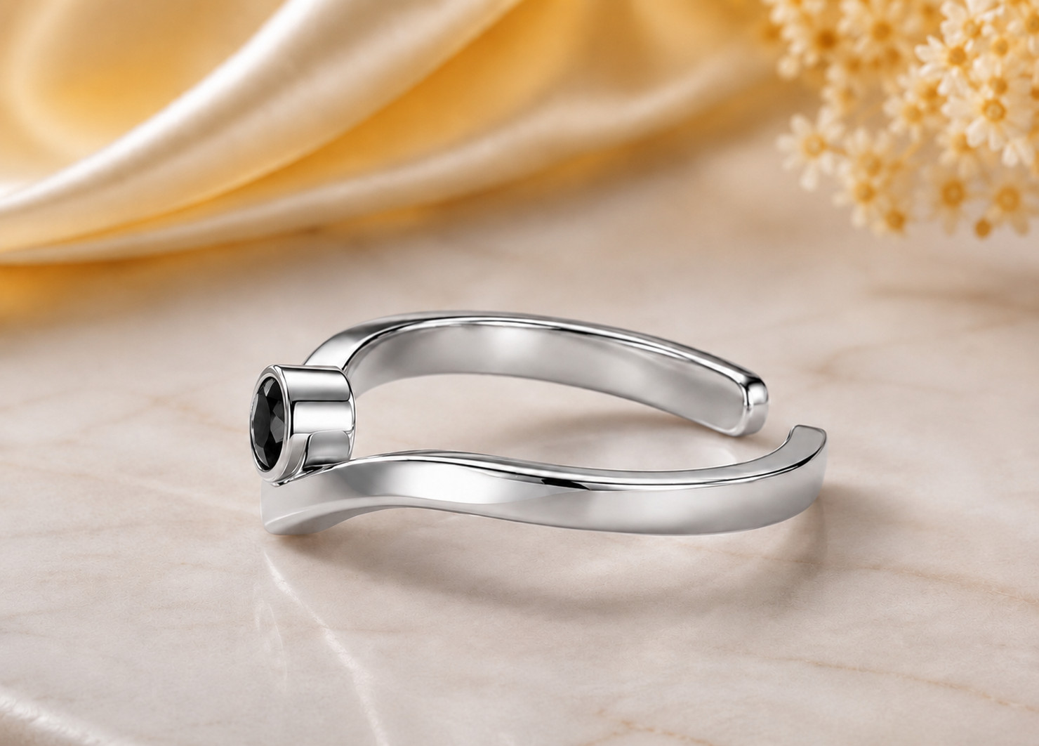 925 Sterling Silver Black Spinel Open V Ring Minimalist Chevron Band Gift