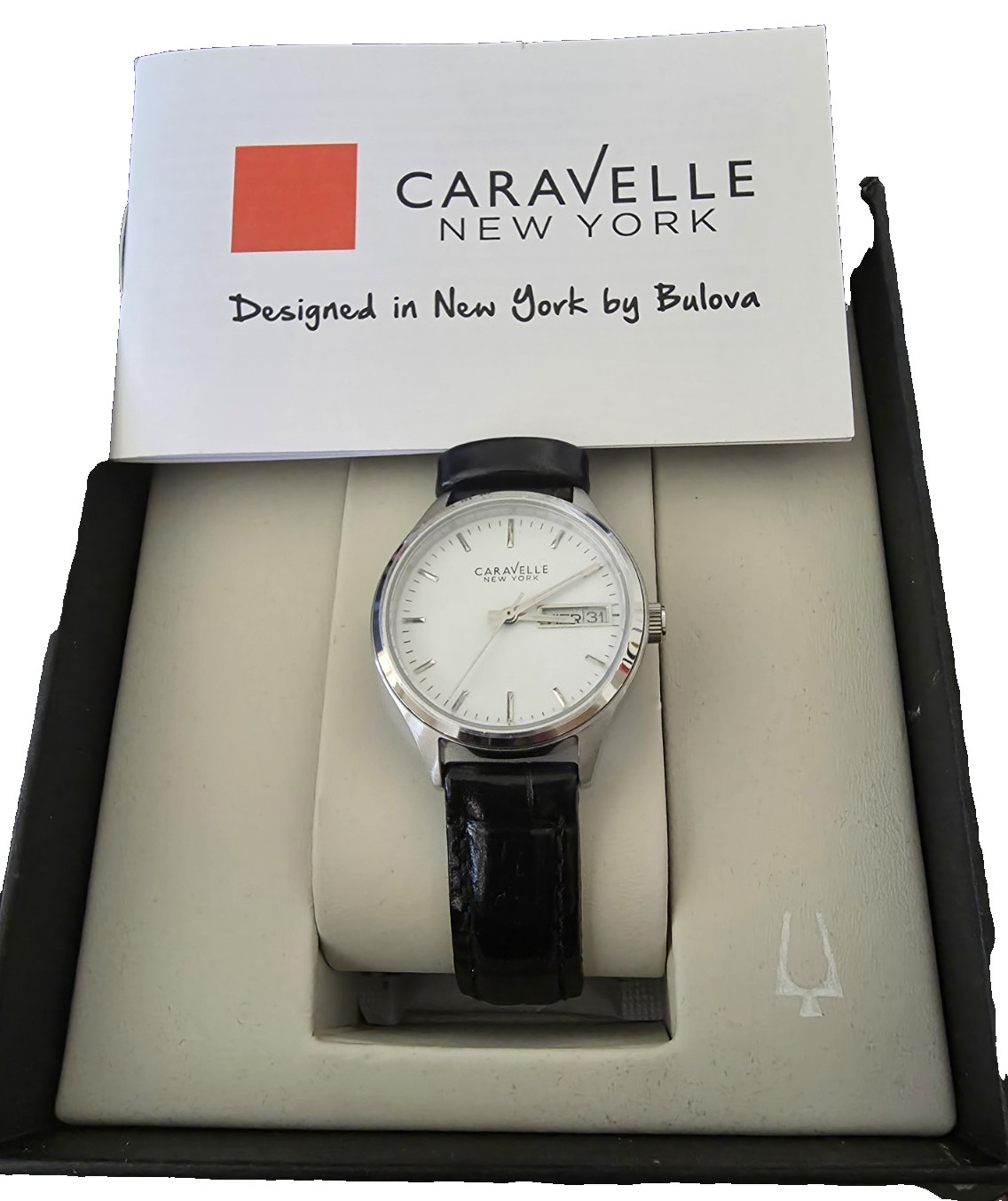 BULOVA Caravelle New York Watch W/Black Leather Strap~Day/Date Display NIB