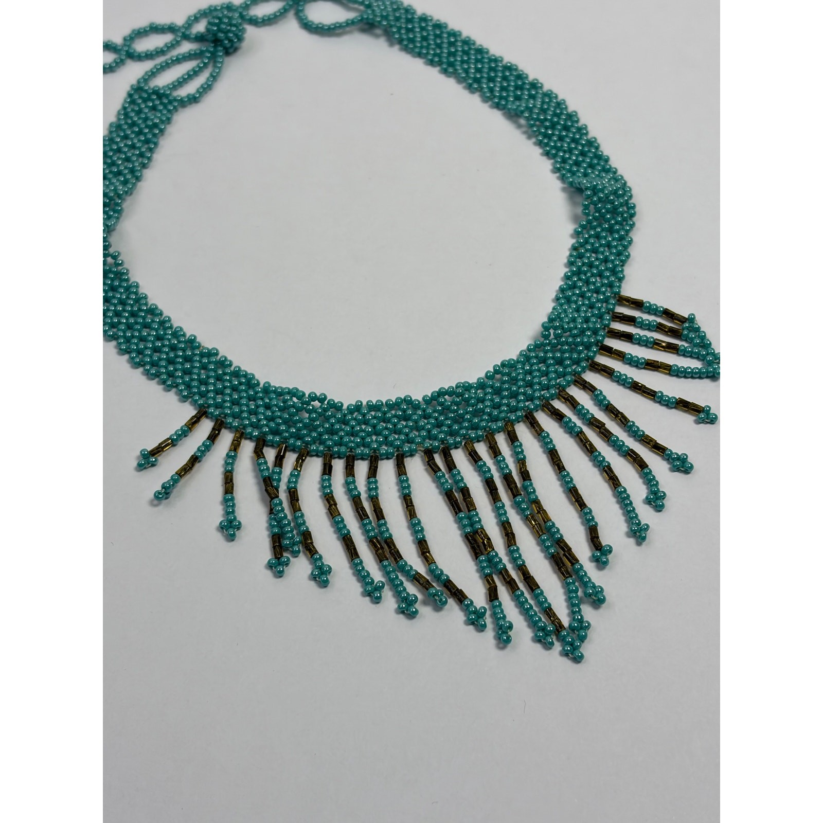 Blue Seed Beaded Choker Fringe Bib Necklace Native Handmade Vintage Western