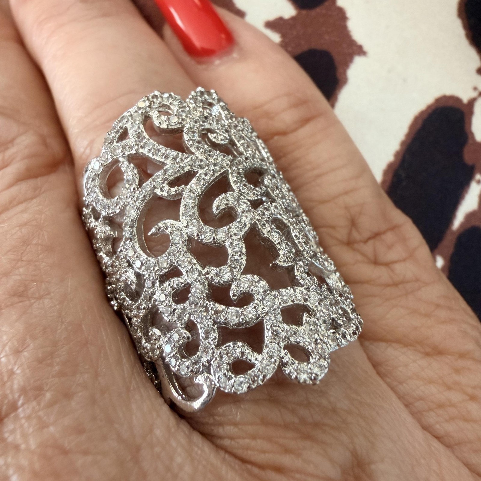 Silver Tone Rhinestone Full Finger Cocktail Ring Size 8 Filigree Statement Bling