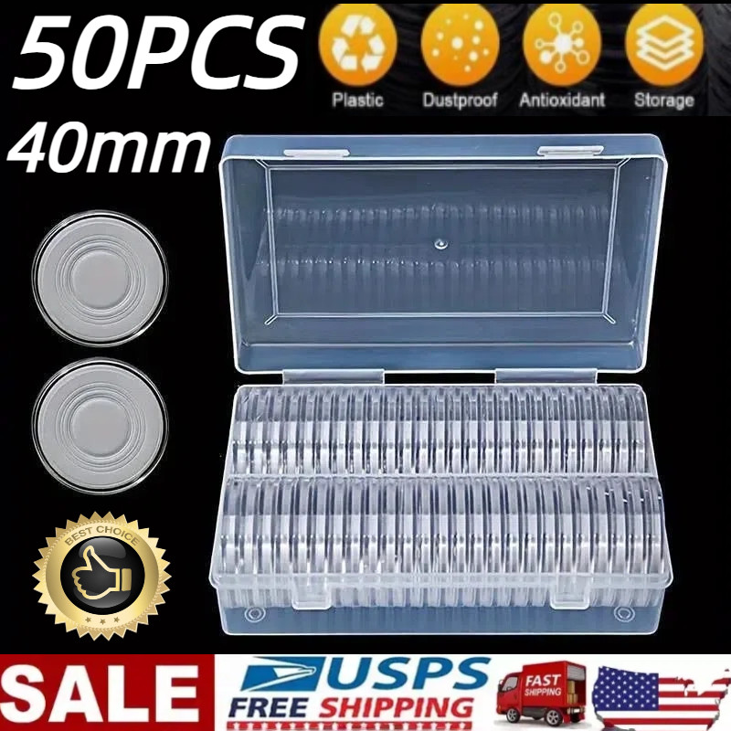50PCS*40.6mm Coin Capsules Round Plastic Coin Holder White gaskets with Case Box
