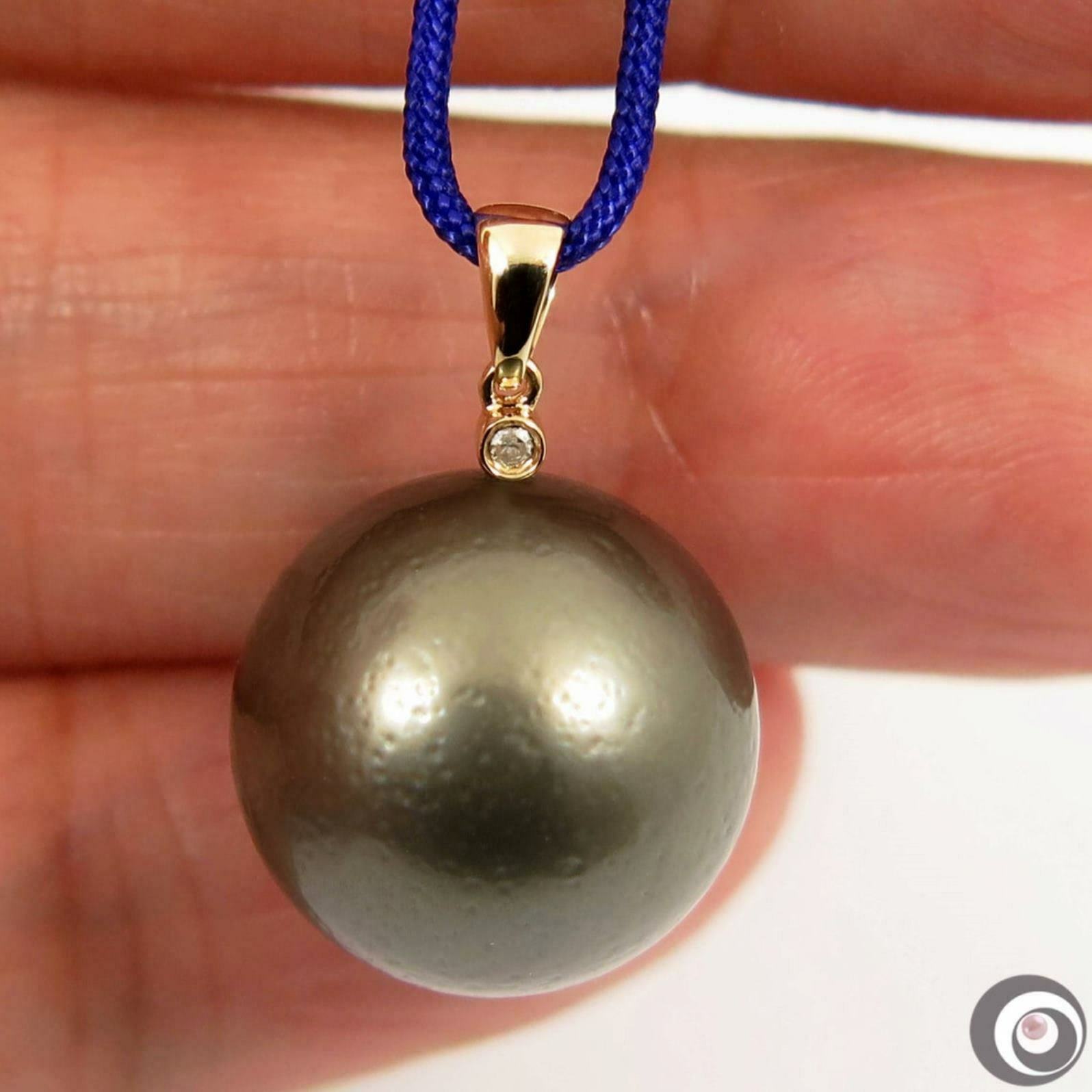 Enormous 15.2mm Tahitian South Sea Pearl Pendant, 14K Solid Gold+Diamond #P5155