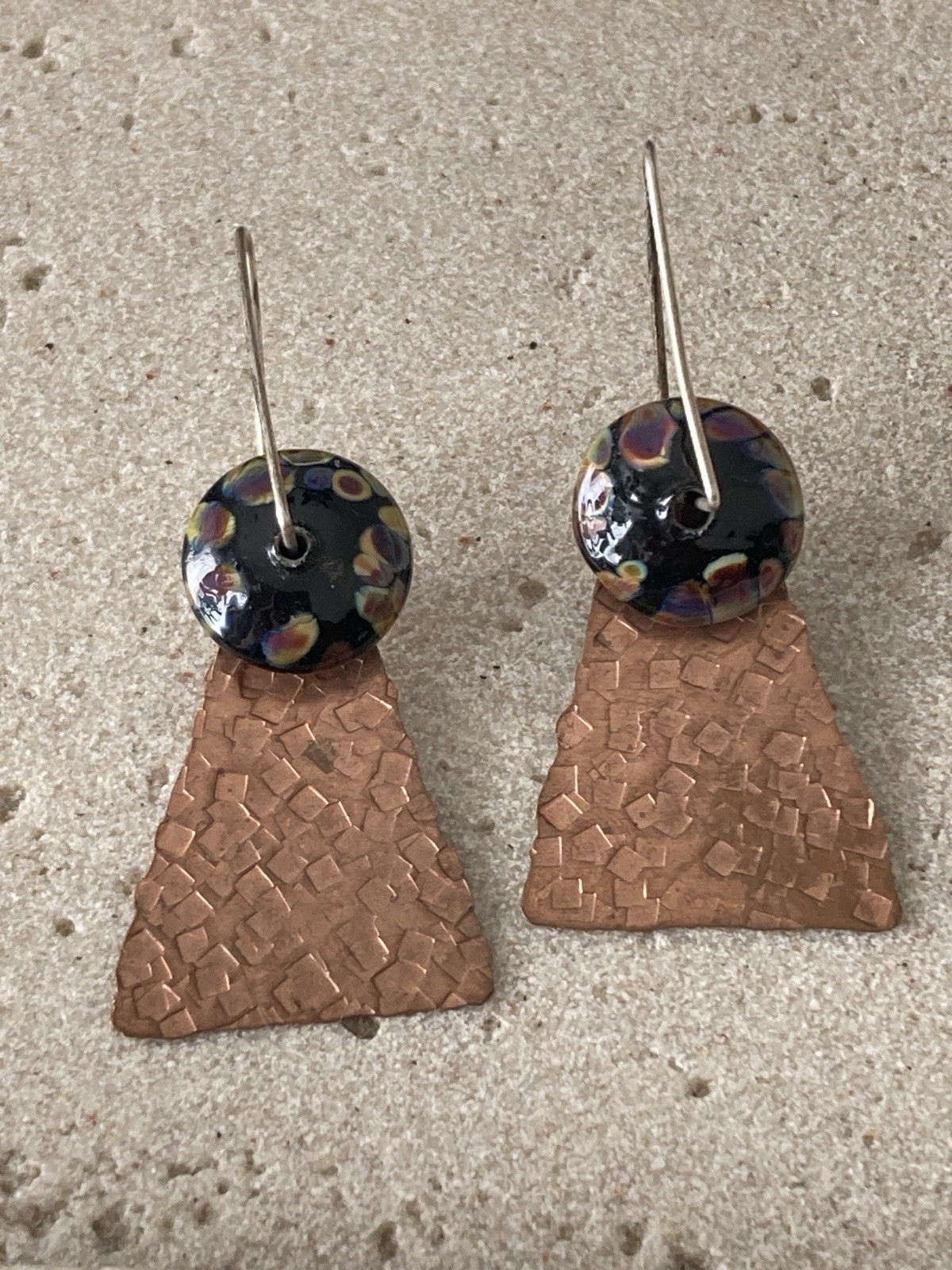 Artisan Hammered Copper Tone Black Glass Bead Dangle Earrings Mixed Metal Artsy