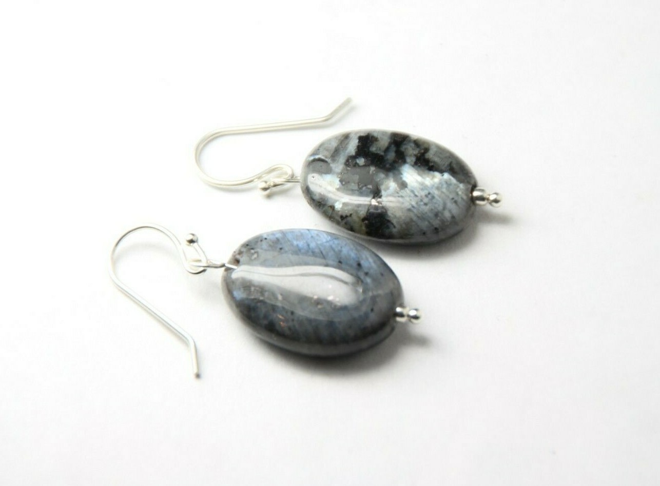 Larvikite Black Labradorite 13x 18mm Oval Gemstone .925 Sterling Silver Earrings