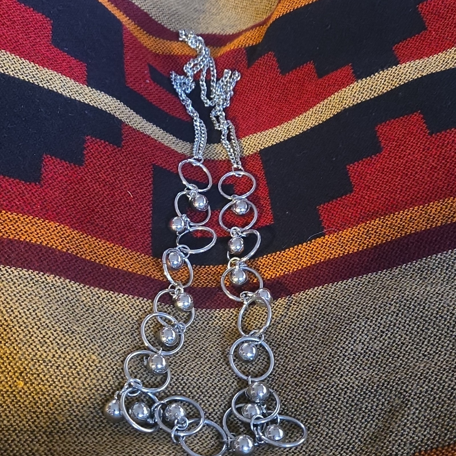 Silver Tone Metal Rope Chain Statement Necklace Circle Links & Ball Bead Dangles