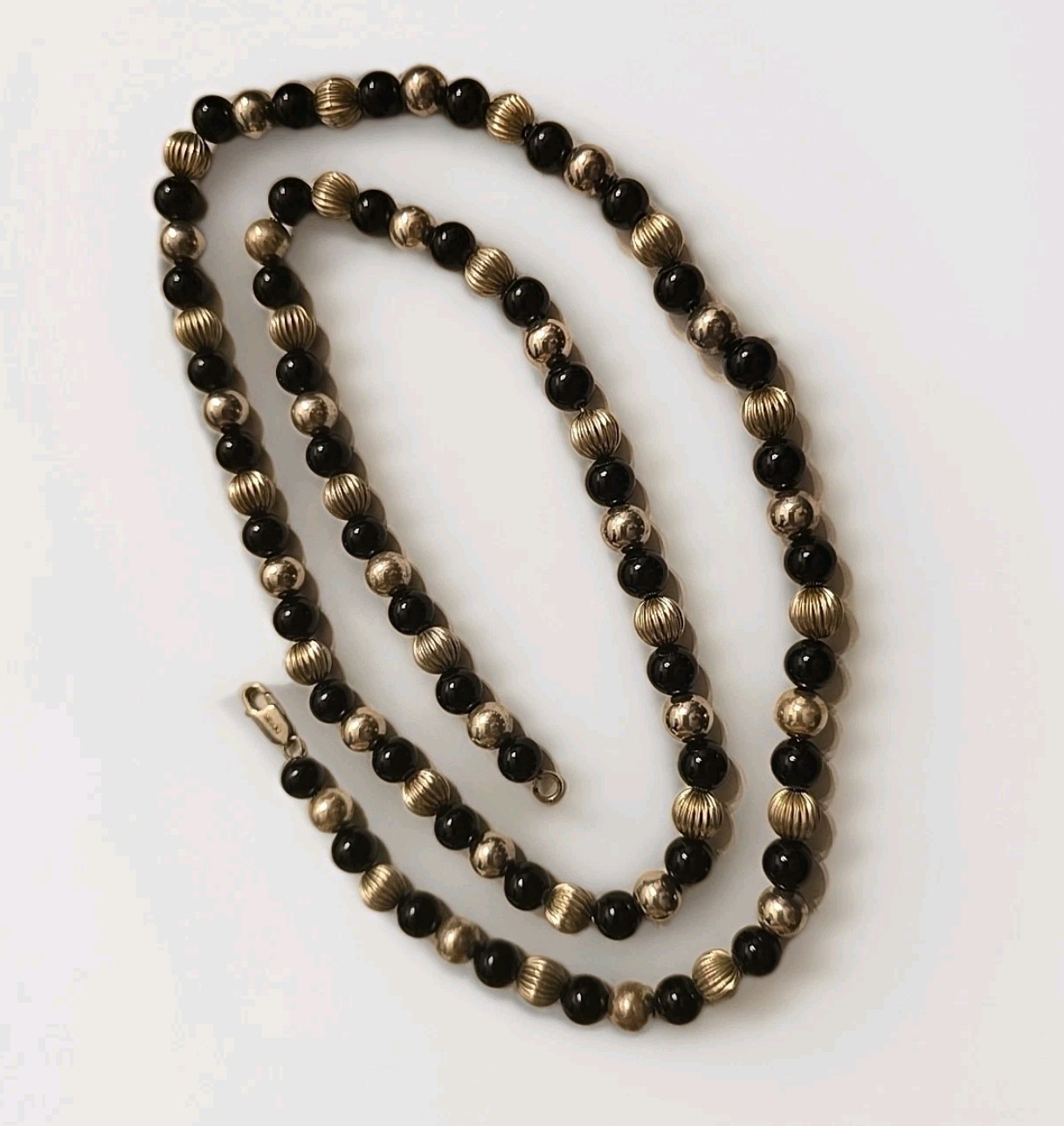 DOBBS 925 STER SIL RIBBED POLISHED BEADS ONYX NECKLACE 30 IN./BRACELET 7 IN. SET