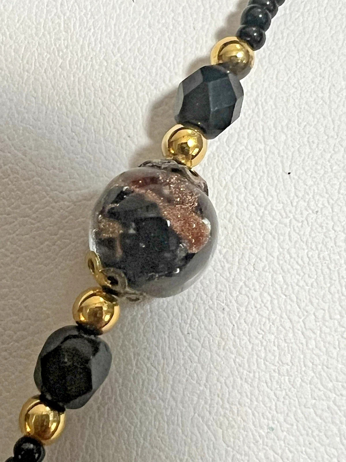Vintage Venetian Murano Art Glass Beaded Black and Gold Necklace 18″ LARIAT