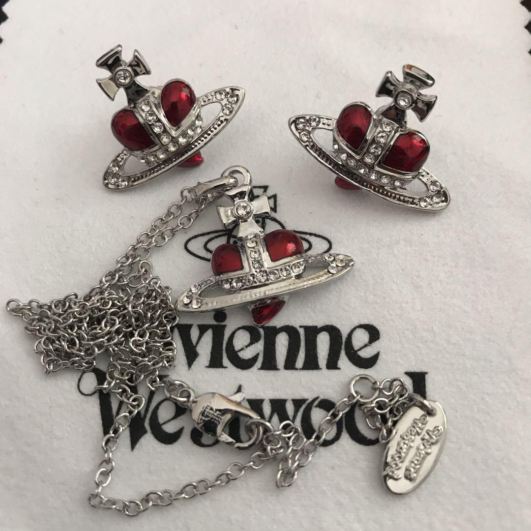 Diamante Heart Necklace Earrings Set Red Silver With Pouch