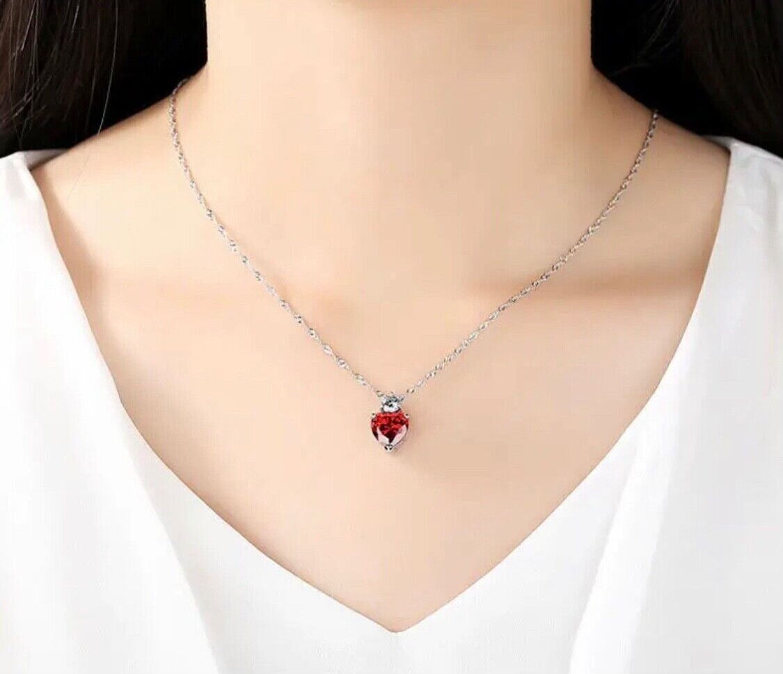 Garnet Heart Jewelry Silver Love Necklace Crystal Pendant Valentine Gift