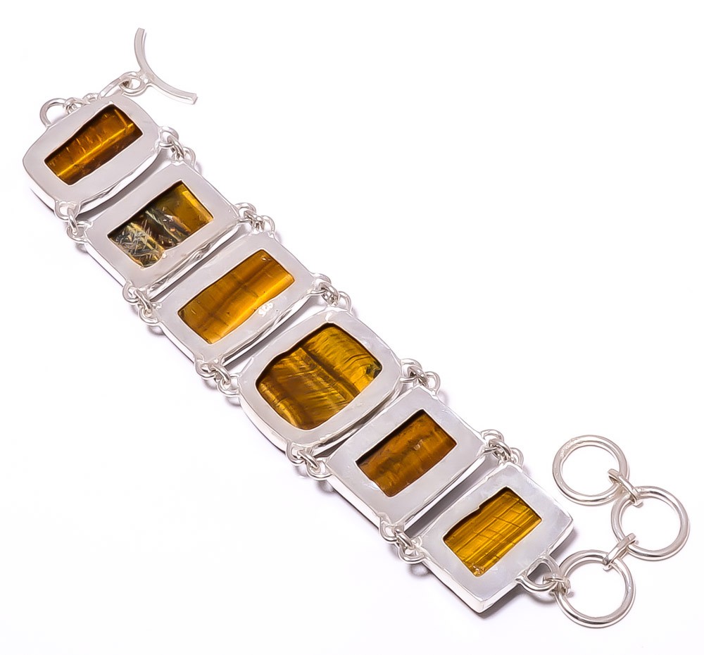 Natural Yellow Tiger Eye – South Africa 925 Silver Plated Bracelet 7.99″ T92