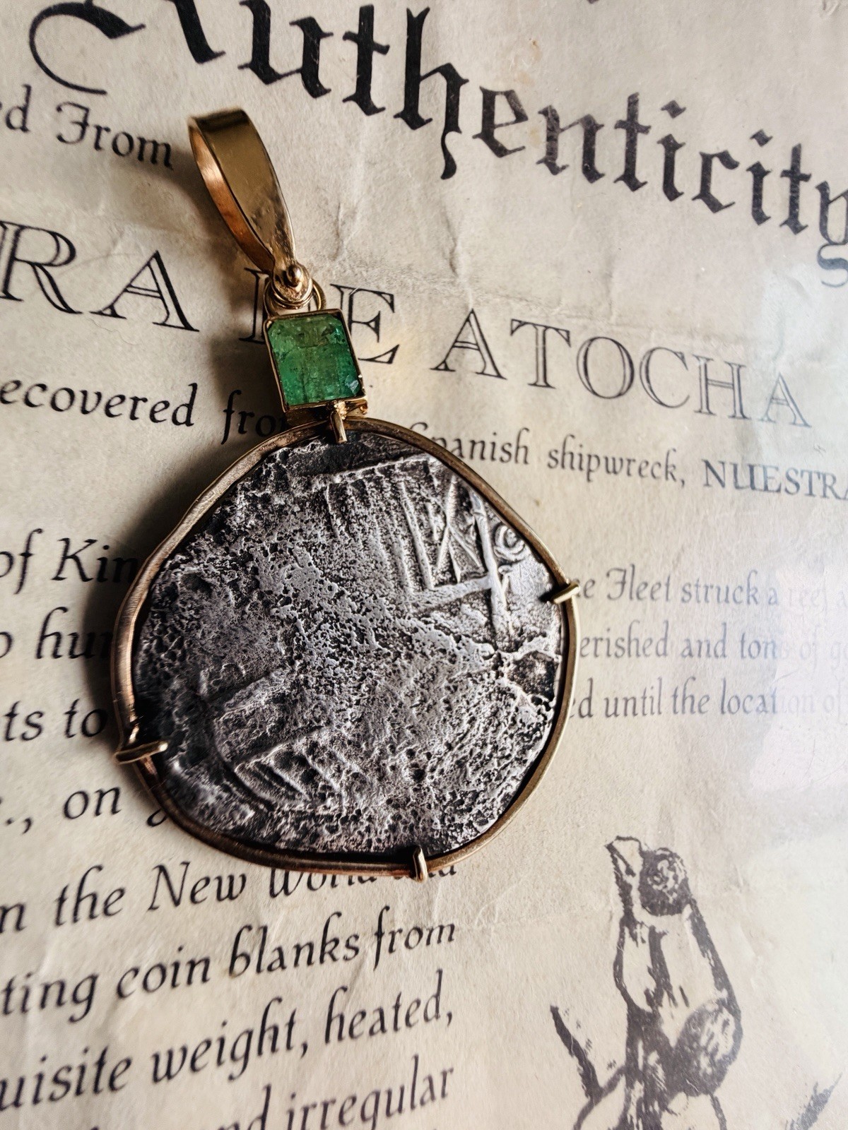 Authentic Atocha 8 Reales Pendant 14k Gold Bezel Emerald with COA Shipwreck Coin