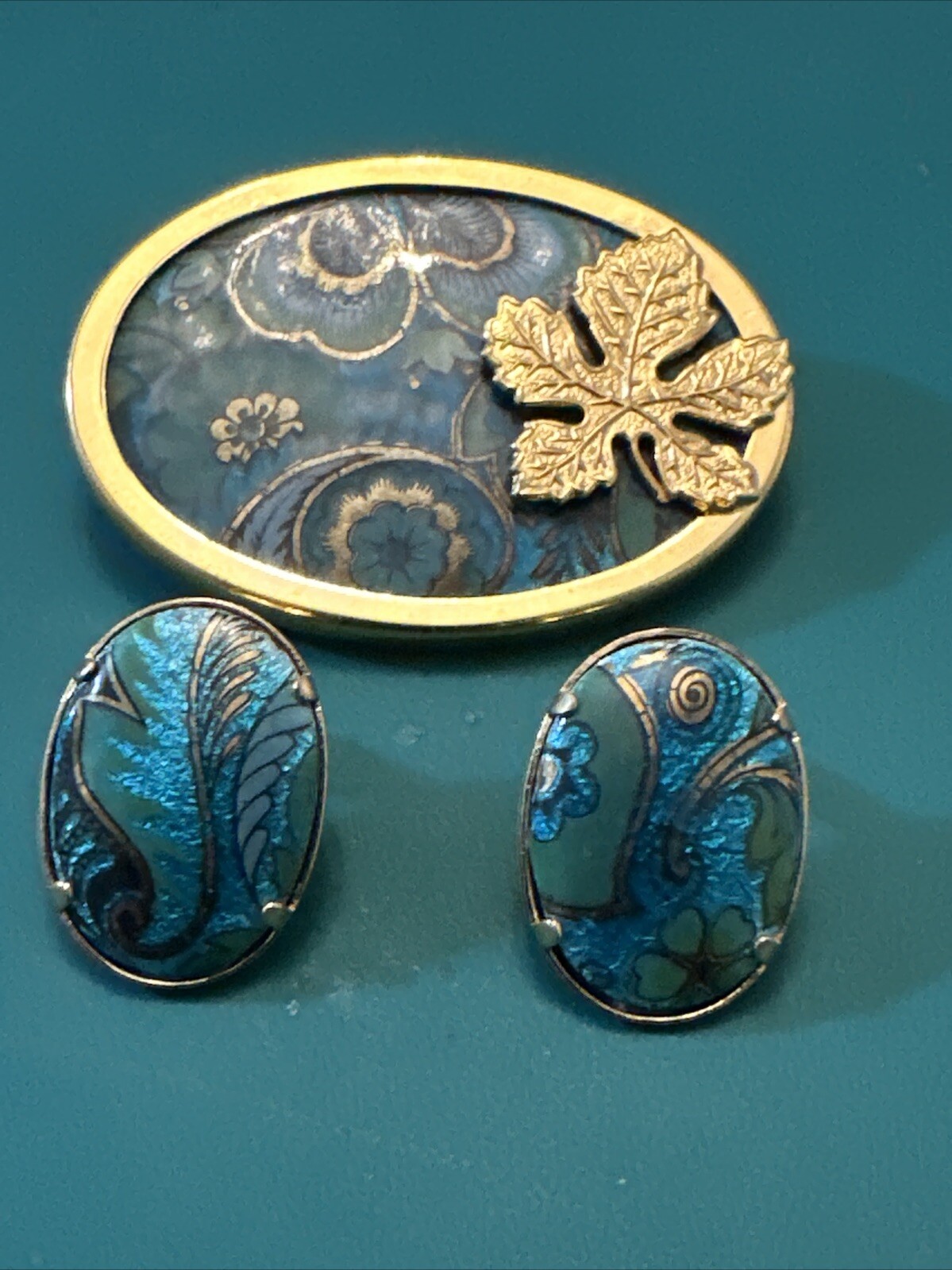 VINTAGE JEWELRY BROOCH EARRINGS SET ai MIDAS SPAIN BLUE ENAMEL TROMBONE CLASP