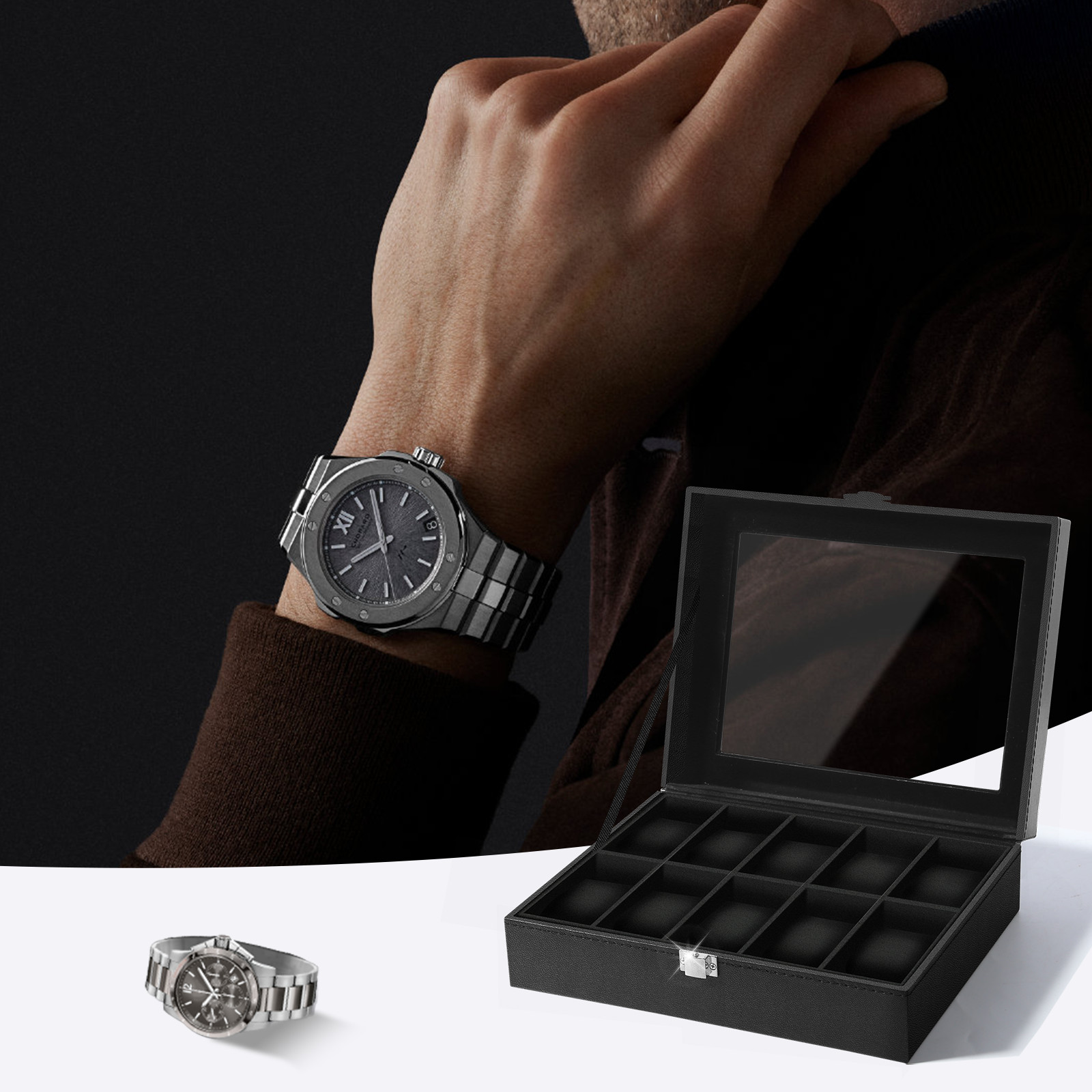 10 Slots Watch Box PU Leather Watch Case Storage Glass Lid Jewelry Display Case
