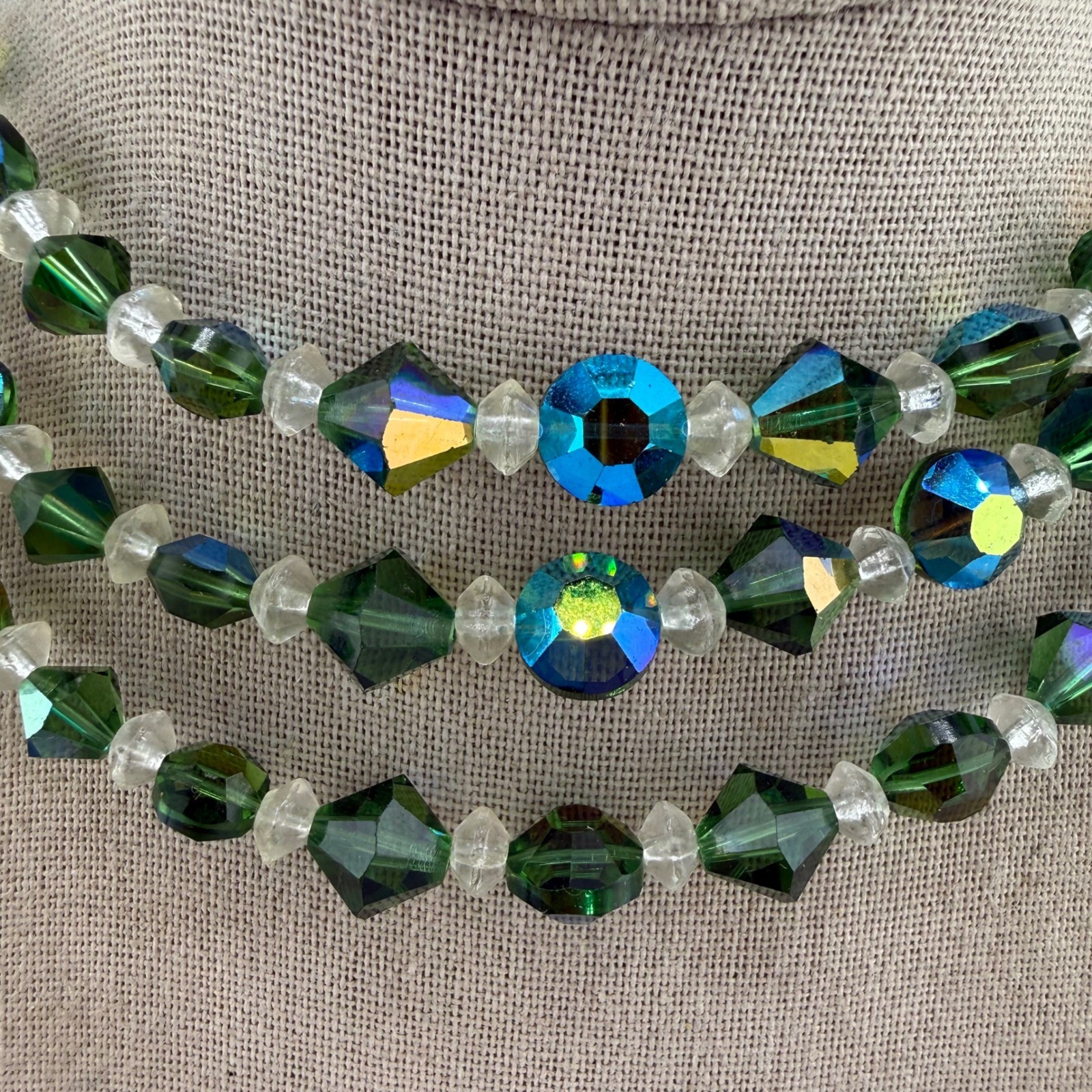 Vintage Lady Alice Jewelry Set Green AB Crystal 3-Strand Necklace Earrings Box
