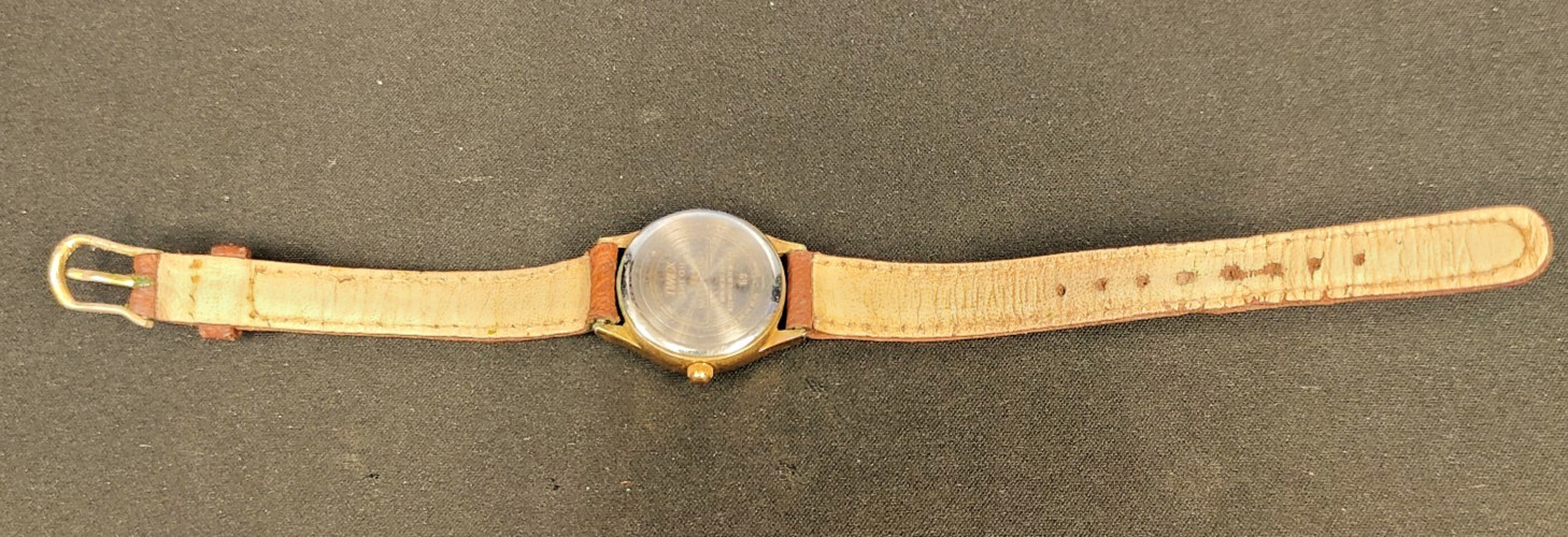 Timex 364 T Cell Moon Phase Quartz Wristwatch Gold Tone Brown Leather Band