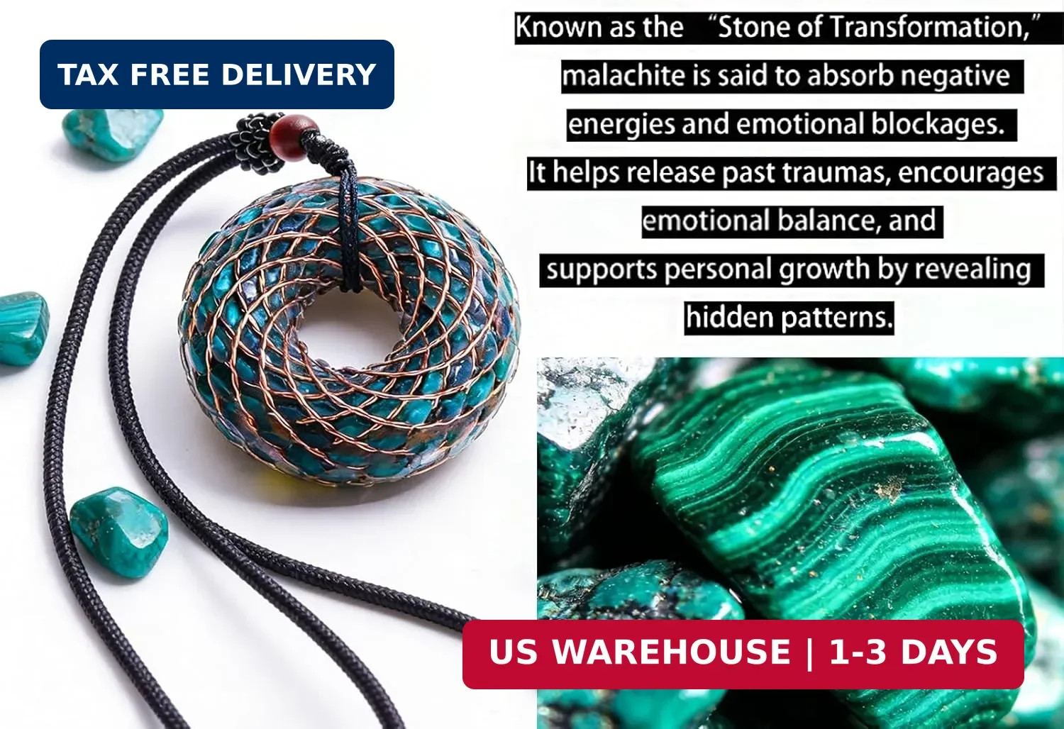 Malachite Orgone Pendant, 4CM Rodin Coil Necklace with 2-Strand Twisted Copper W