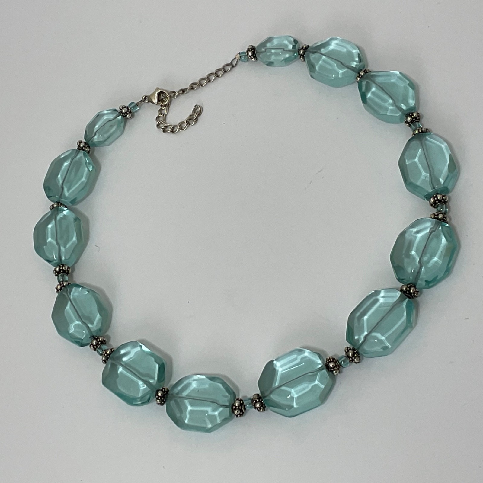 Vtg Aquamarine Glass Faceted Nuggets & Sterling Silver Beaded Necklace Adjusts