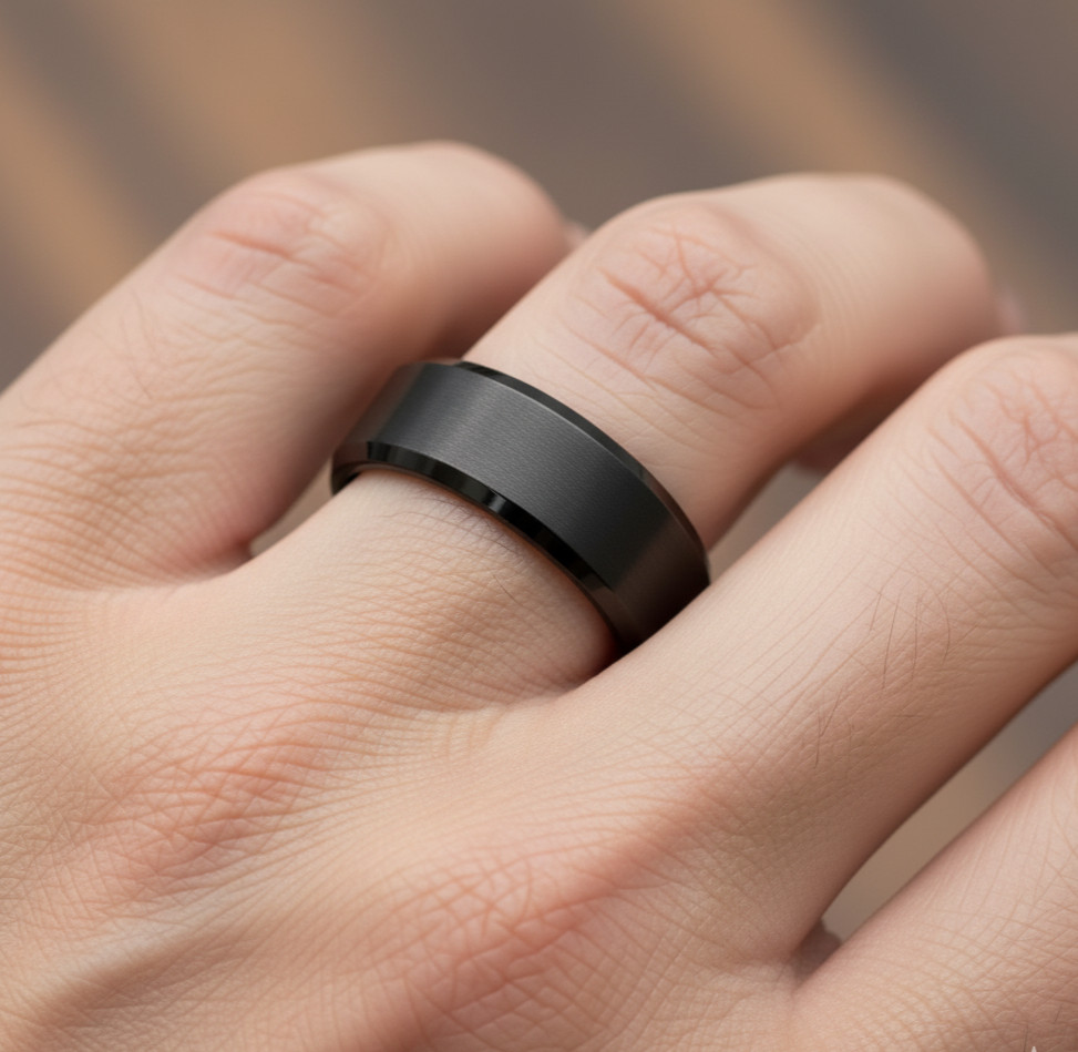 8mm Zirconium Promise Ring – Gunmetal Brushed Center with Beveled Edges