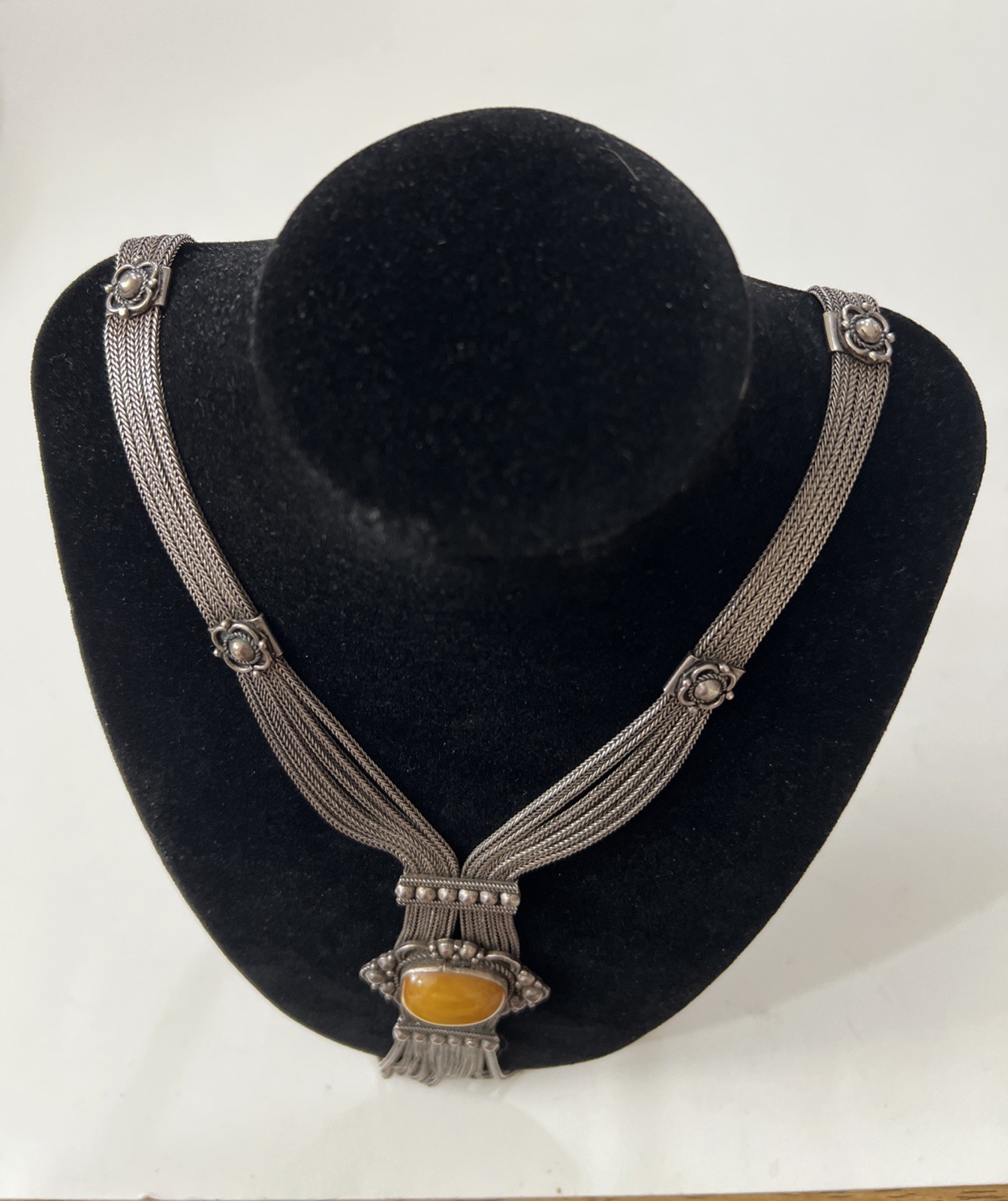 Sterling Silver 925 Honey Amber Multi Strand Foxtail Chain Tassel Necklace