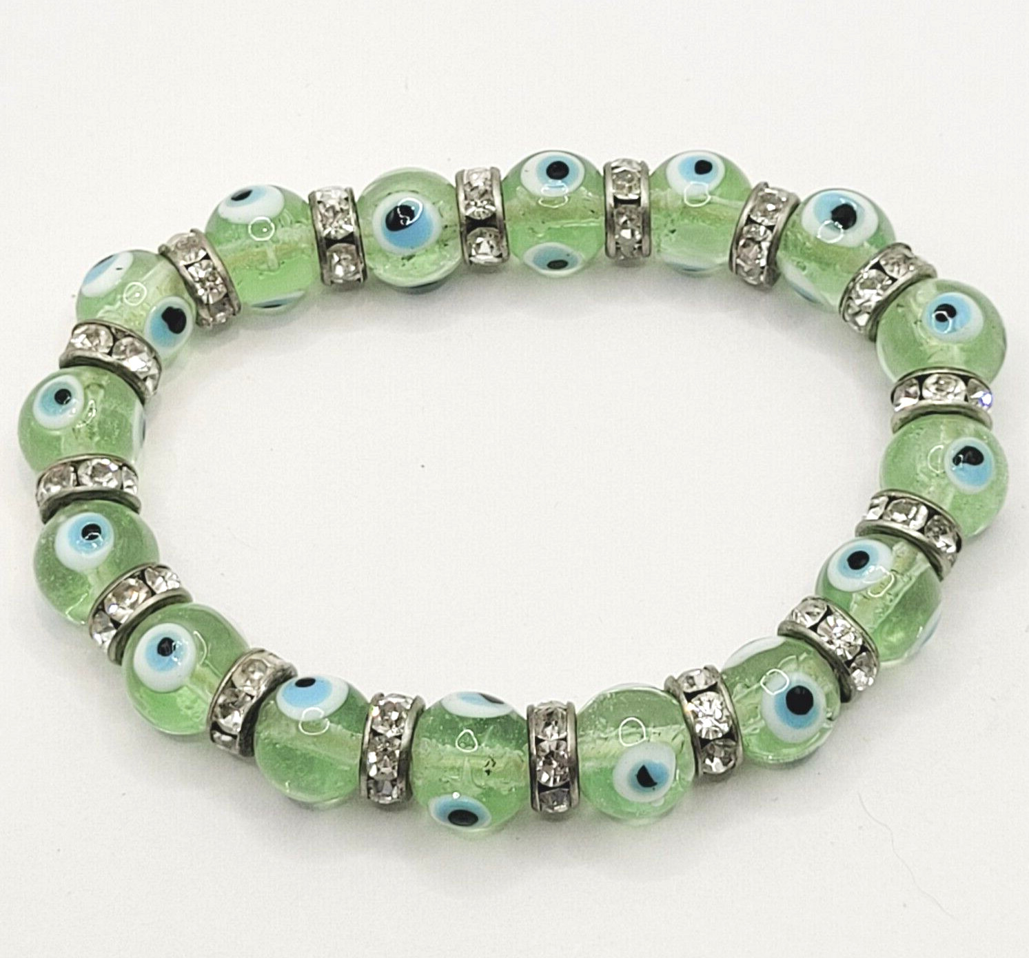 Modern Three Glass Bead w Rhinestone Jade Milky Glass Color Stretch Bracelet Set